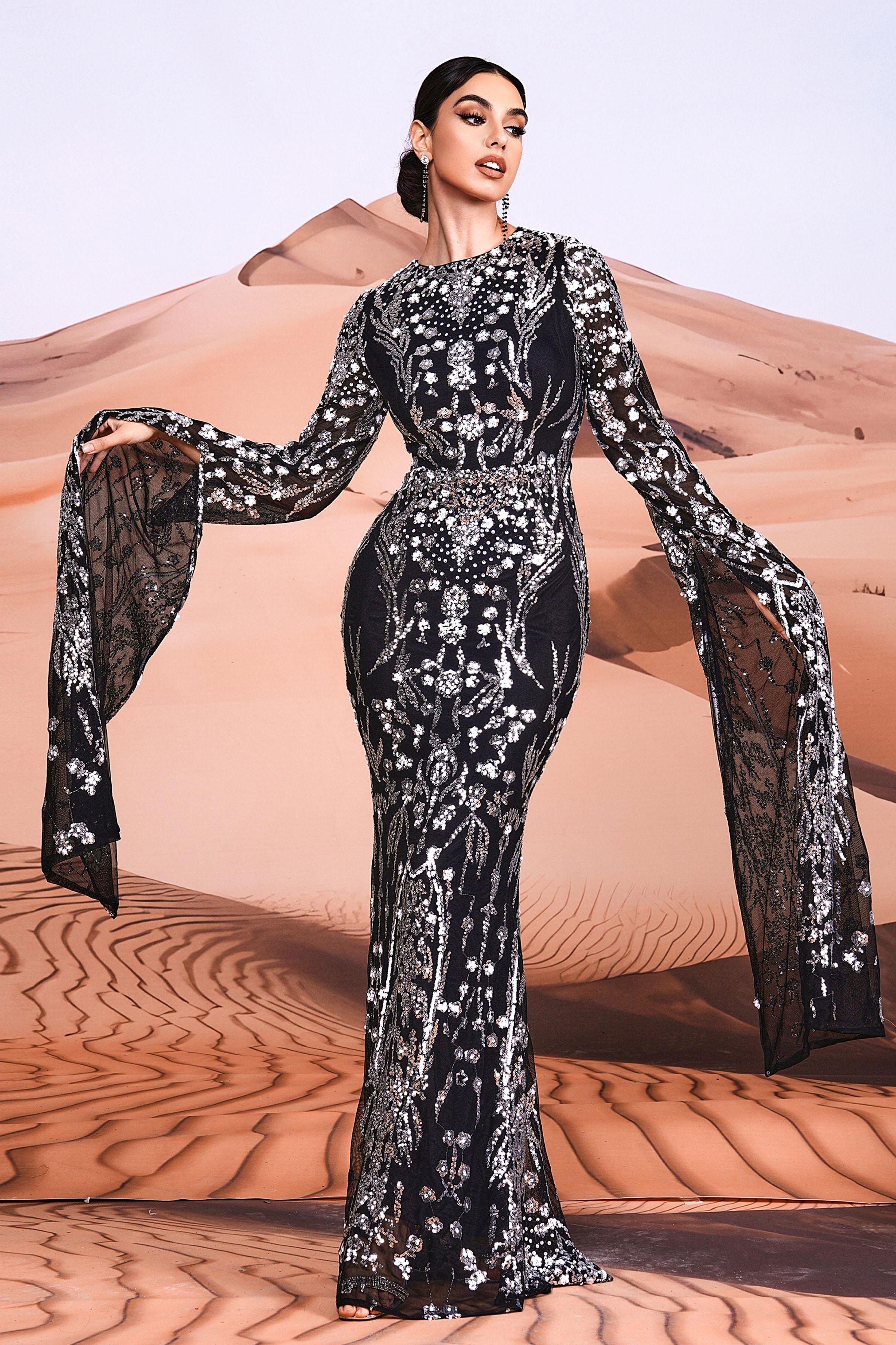 Azina -MES00404 Long Sleeve Mermaid Sequin Gown