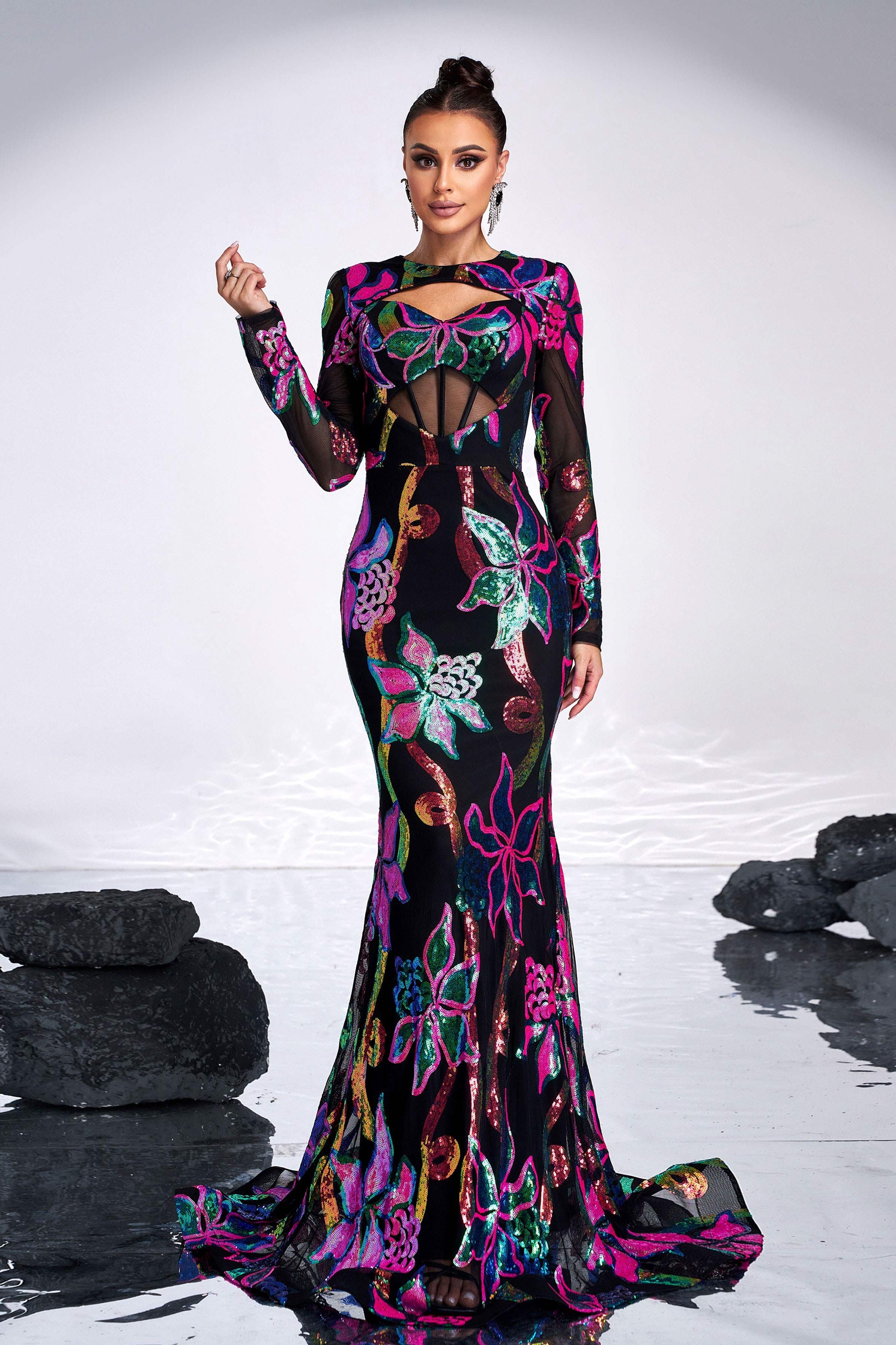 Azina -DH80214 Long Sleeves Dress With Colorful Sequins