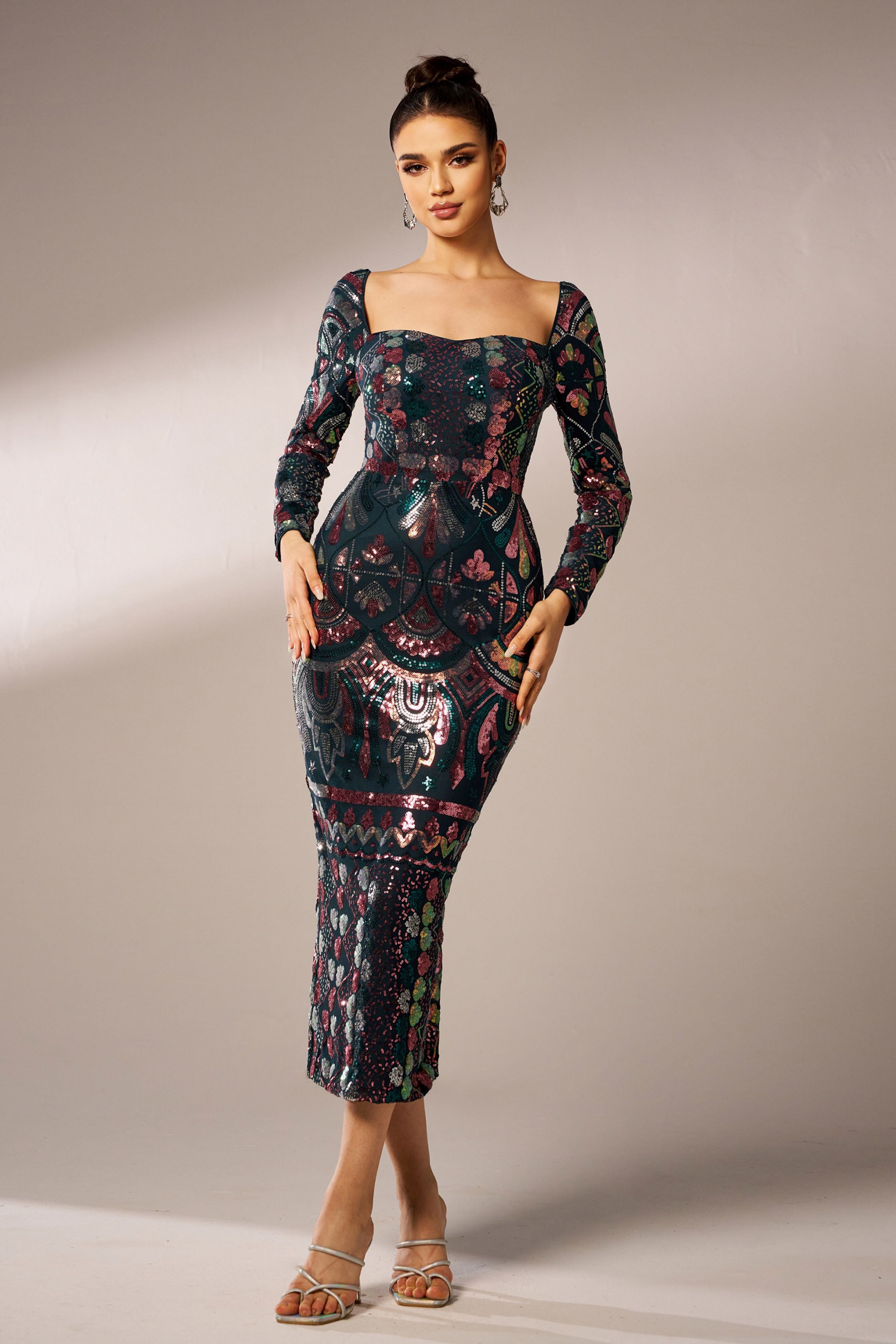 Azina -RM20830 Square Neck Long Sleeve Sequin Dress
