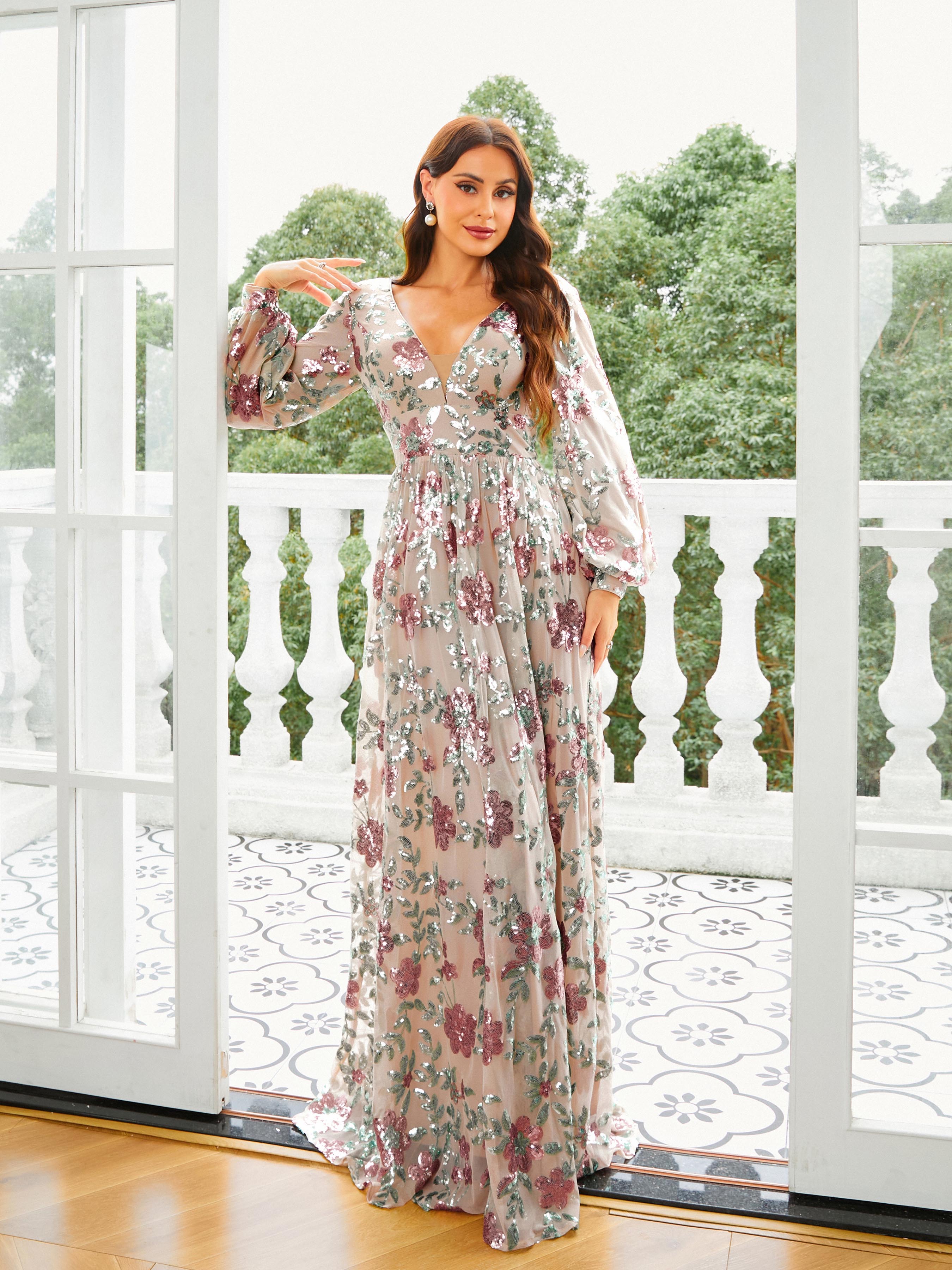 Azina -RJ10789 Sequin Long Sleeve A-line Gown