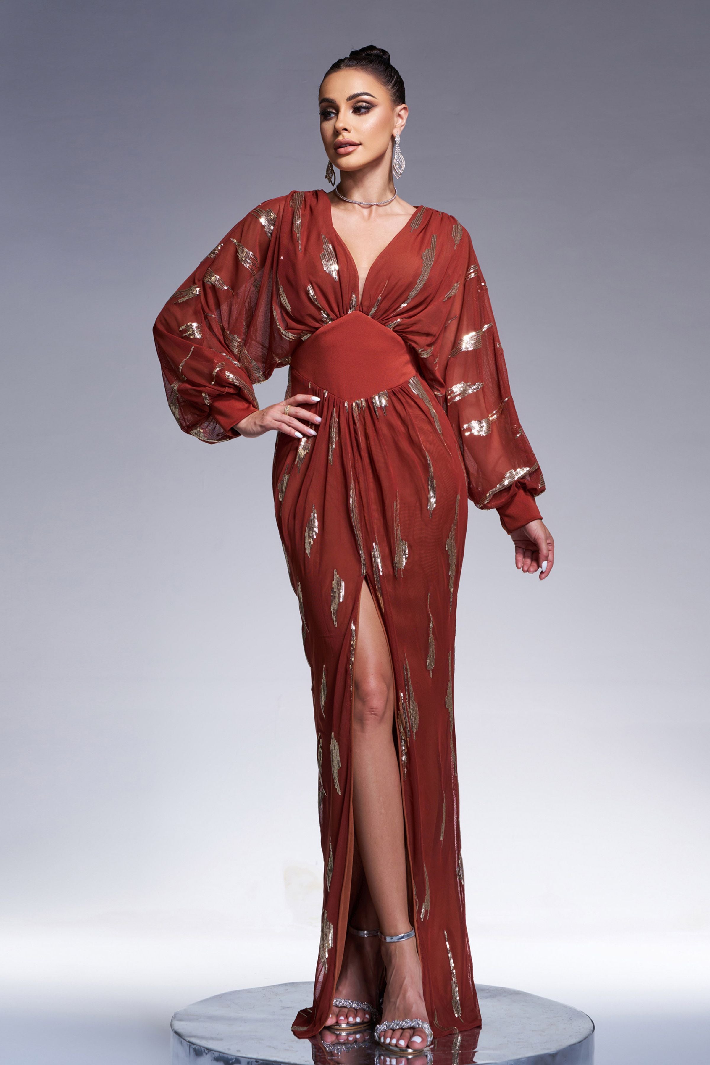Azina -GM00626 V neck Long Sleeve Sequin Dress