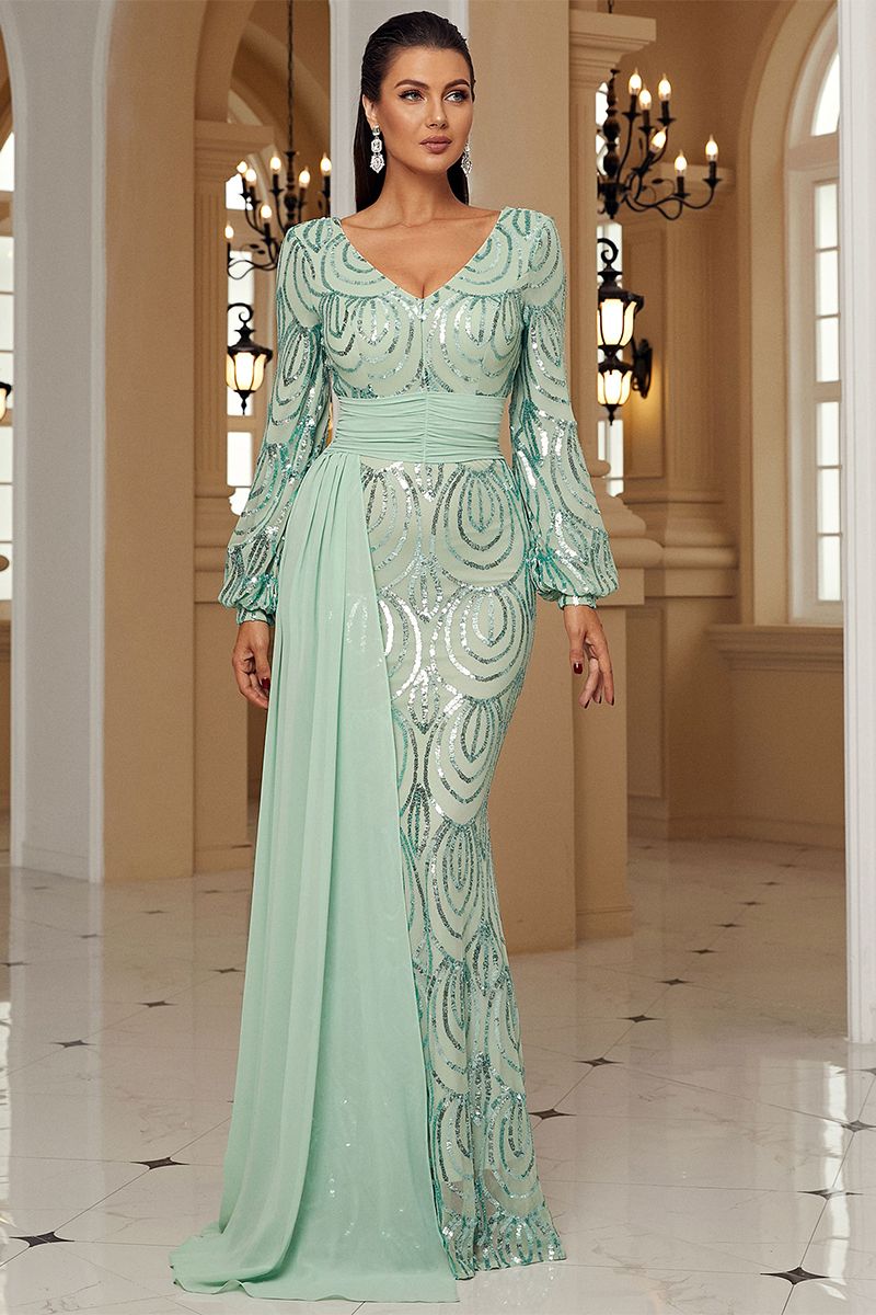 Azina -XJ1524 Long Sleeve V Neck Sequin Prom Dress