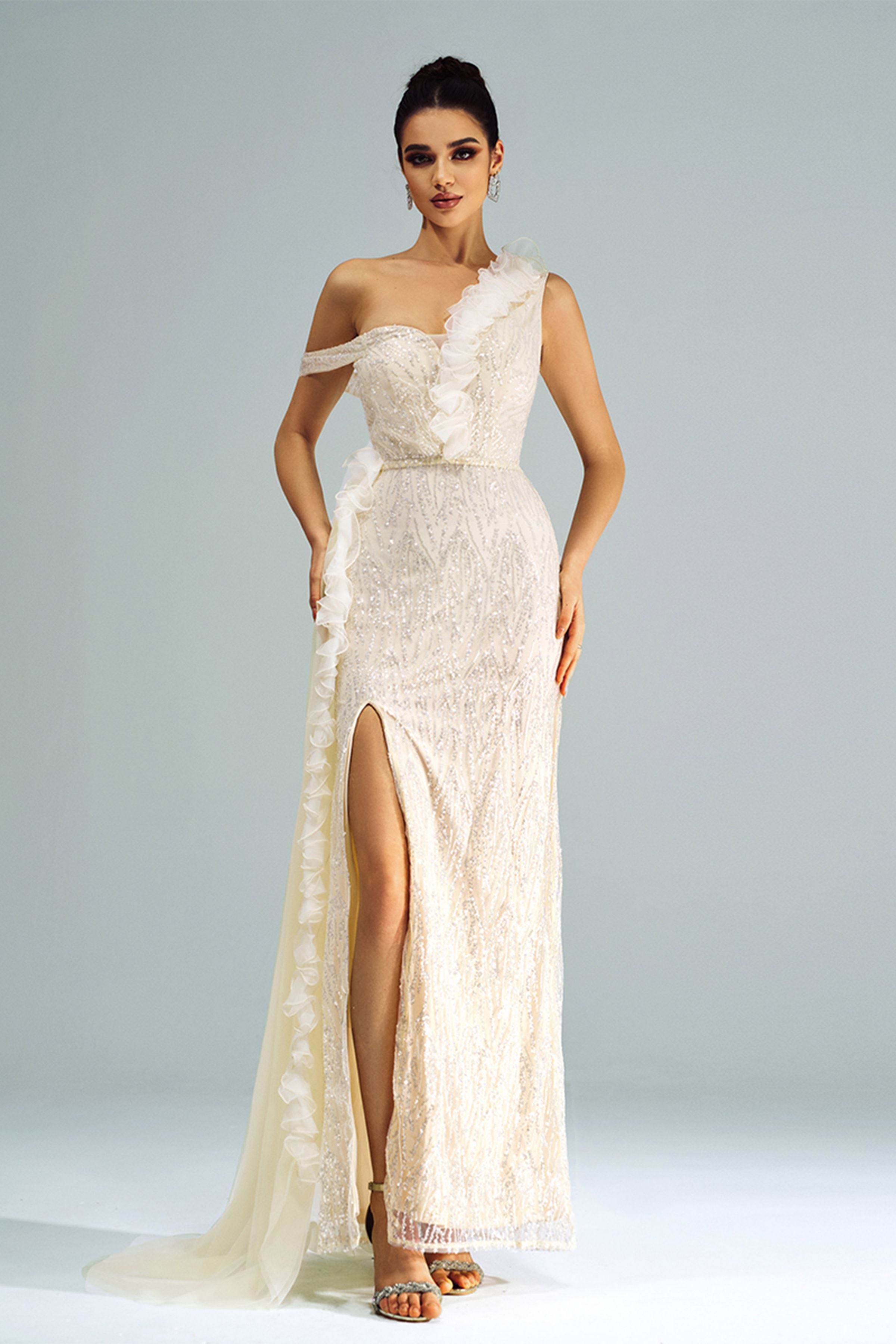Azina -GM00215 Spaghetti Strap Appliqued Floral Split Dress