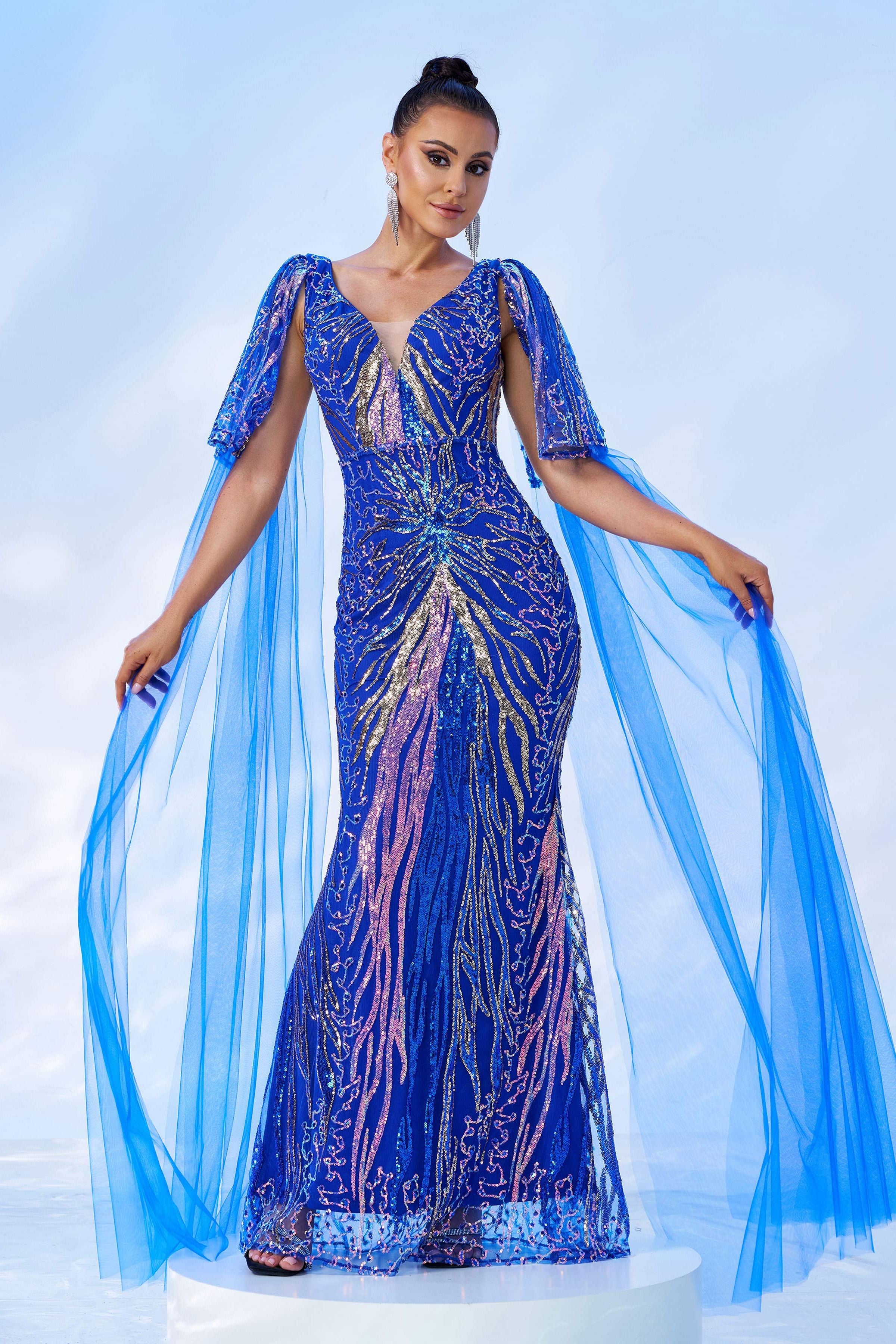 Azina -GM00442 V Neck Sequin Mermaid Evening Gown
