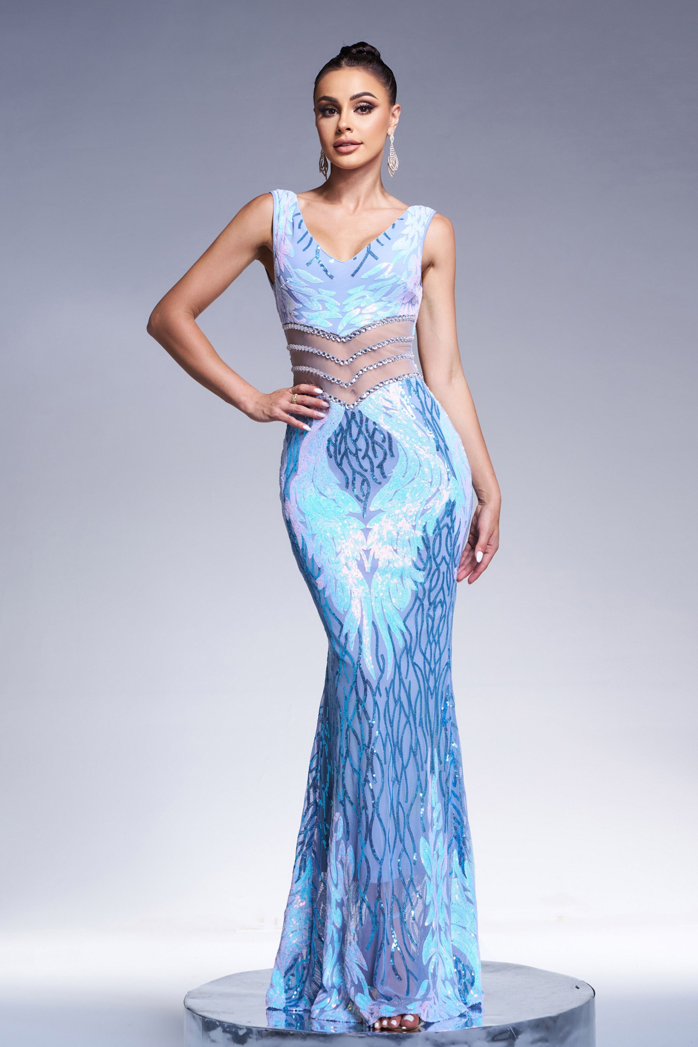 Azina -M01080 V-neck Sequin Mermaid Prom Dress