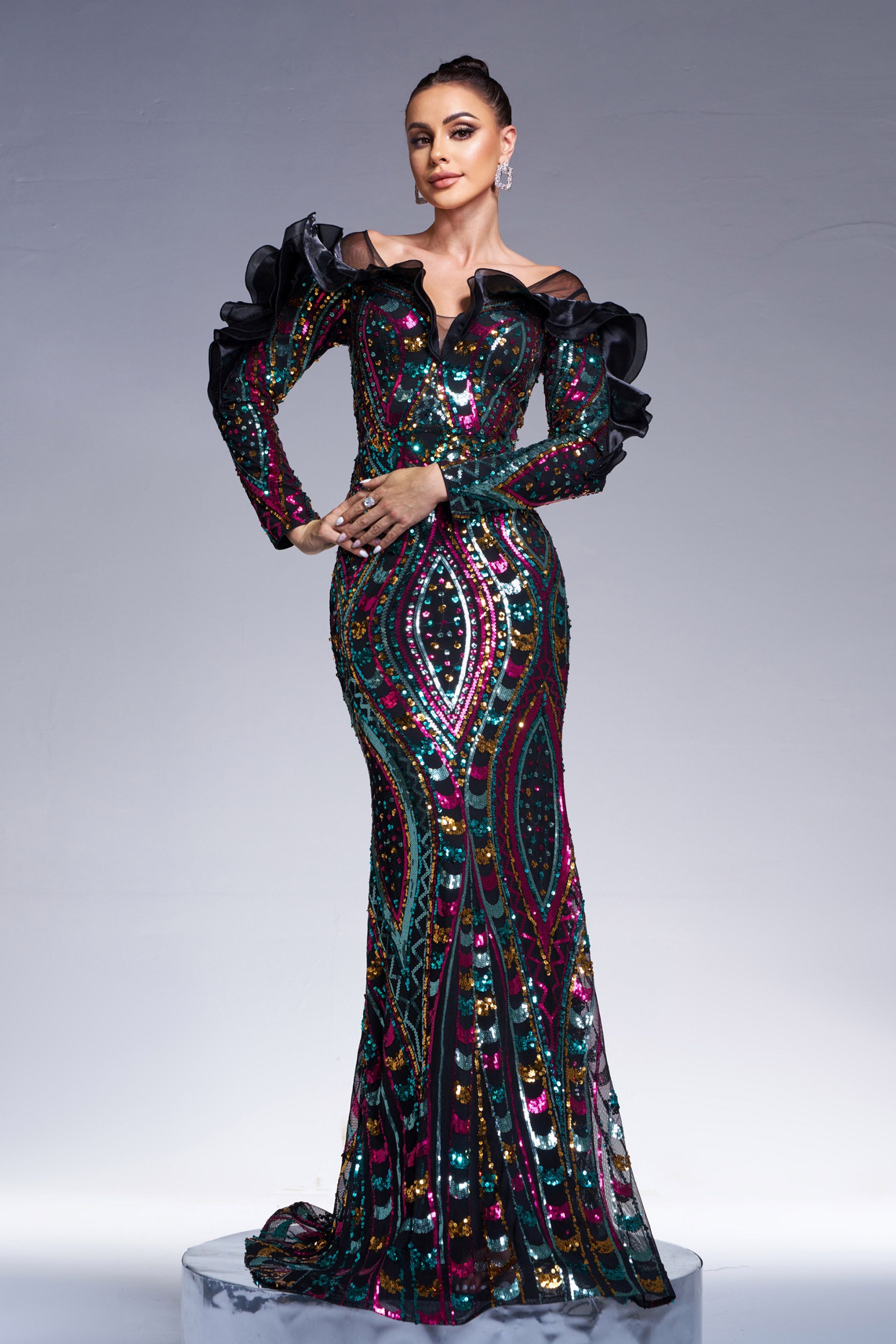 Azina -DH80242 Ruffled Sequin Mermaid Formal Dress
