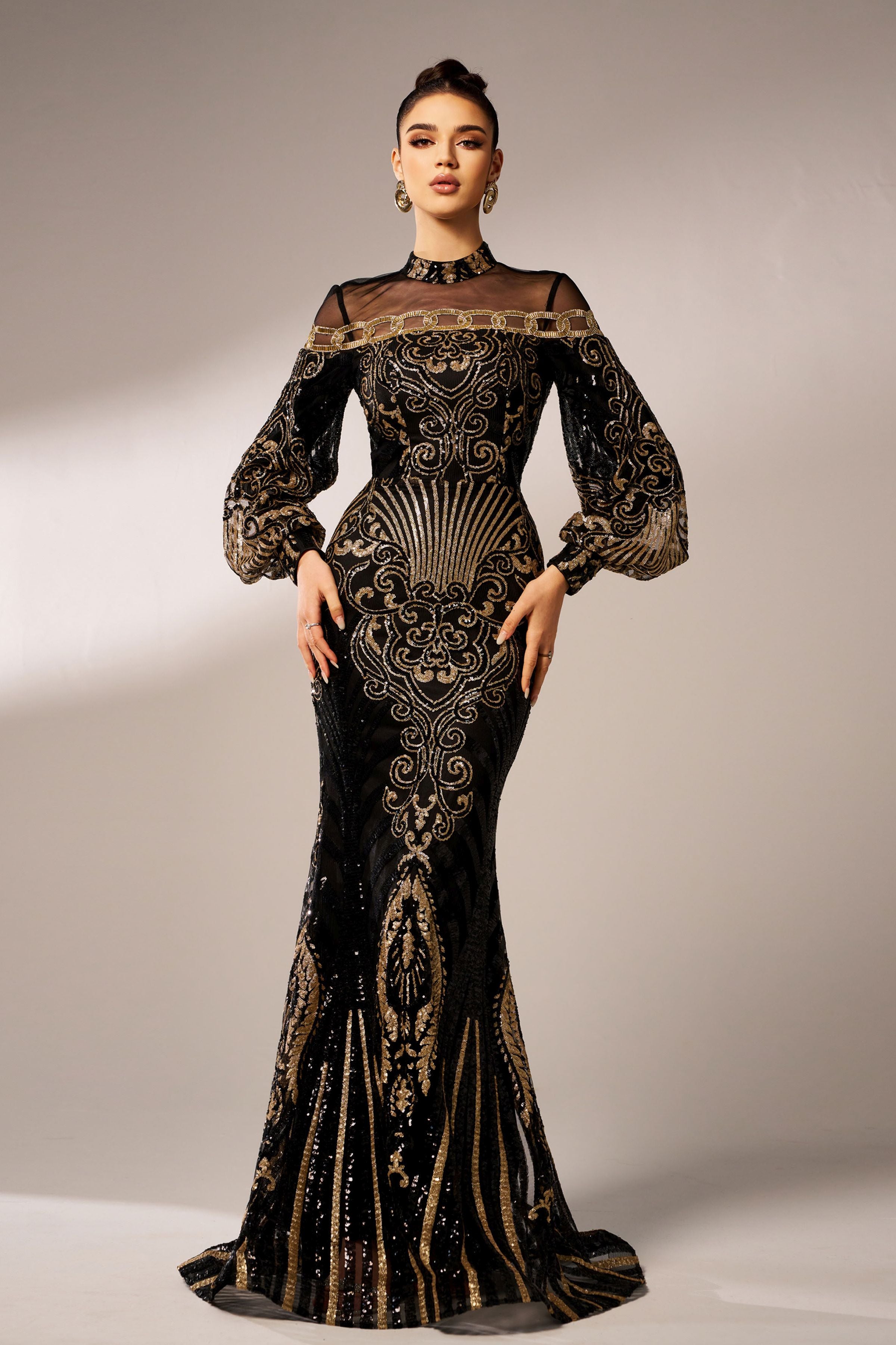 Azina -DH80229 Embroidered Long Sleeve Evening Dress
