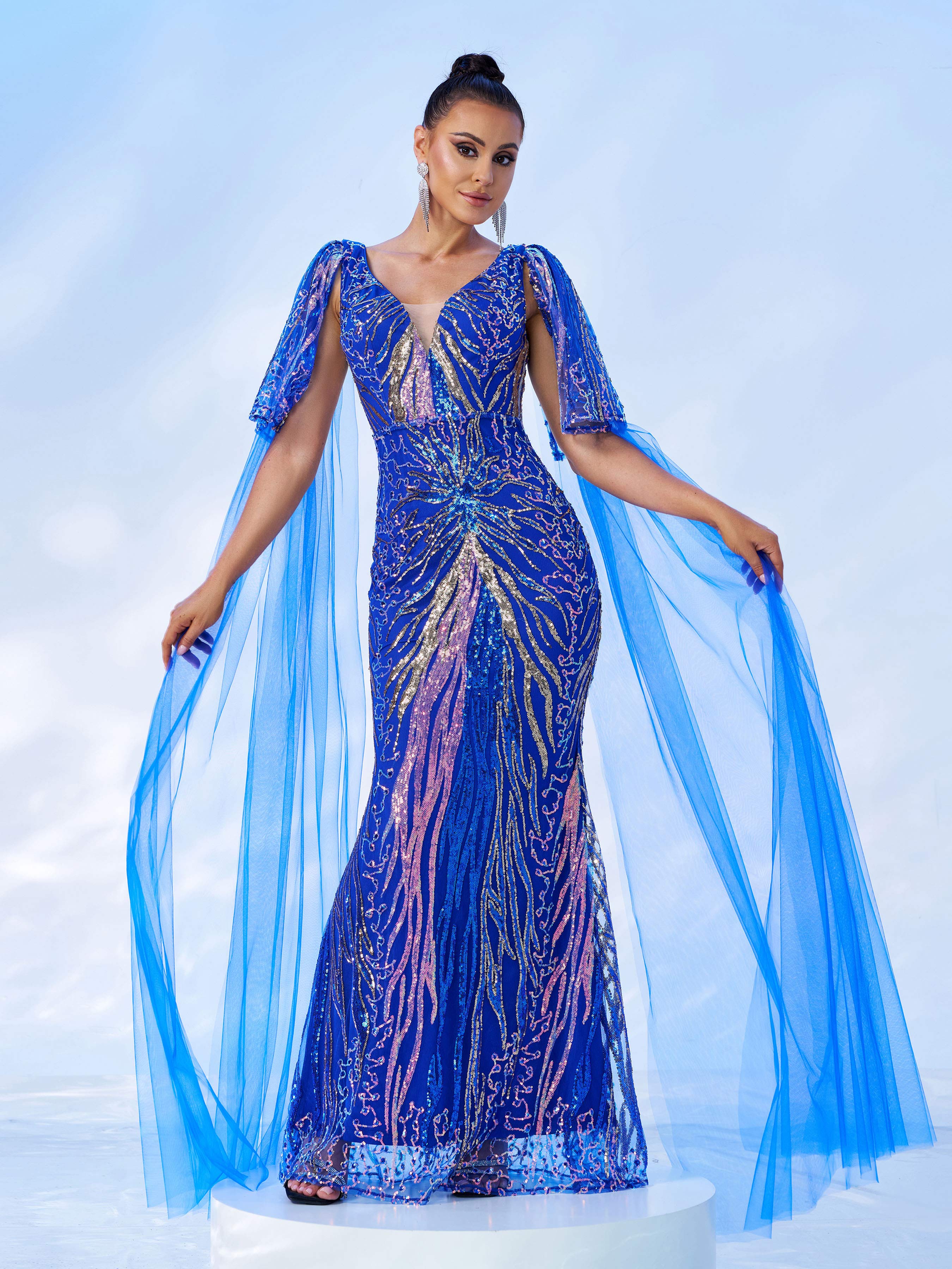 Azina -GM00442 V Neck Sequin Mermaid Evening Gown