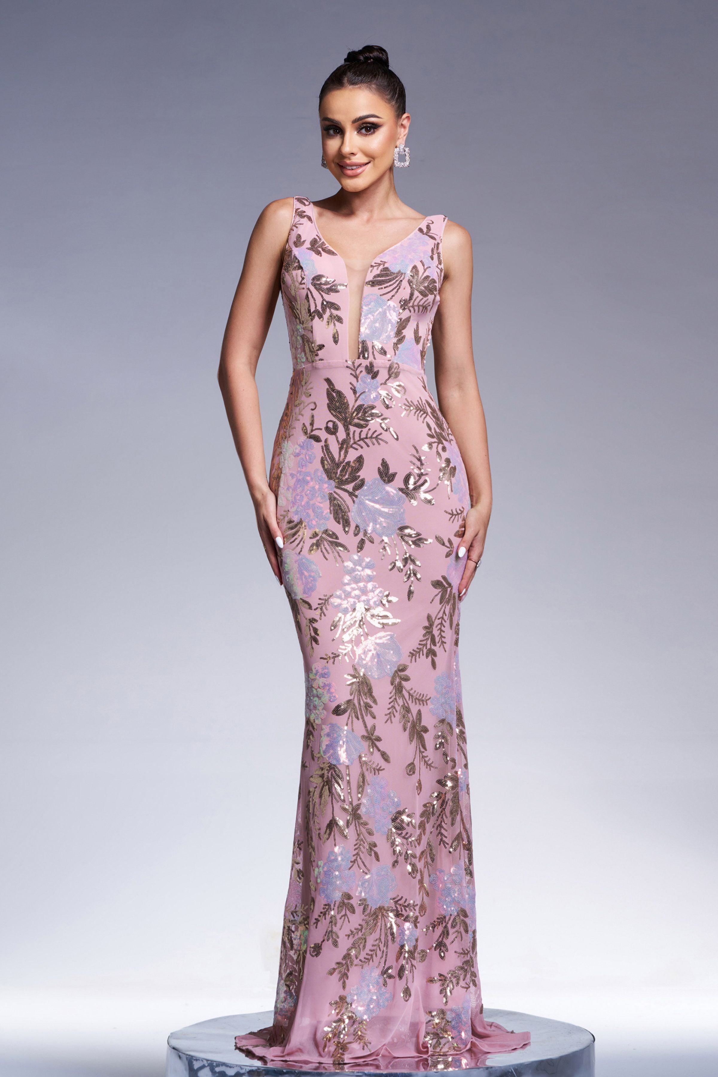 Azina -XJ1986 Floral Sleeveless Sequin Evening Dress