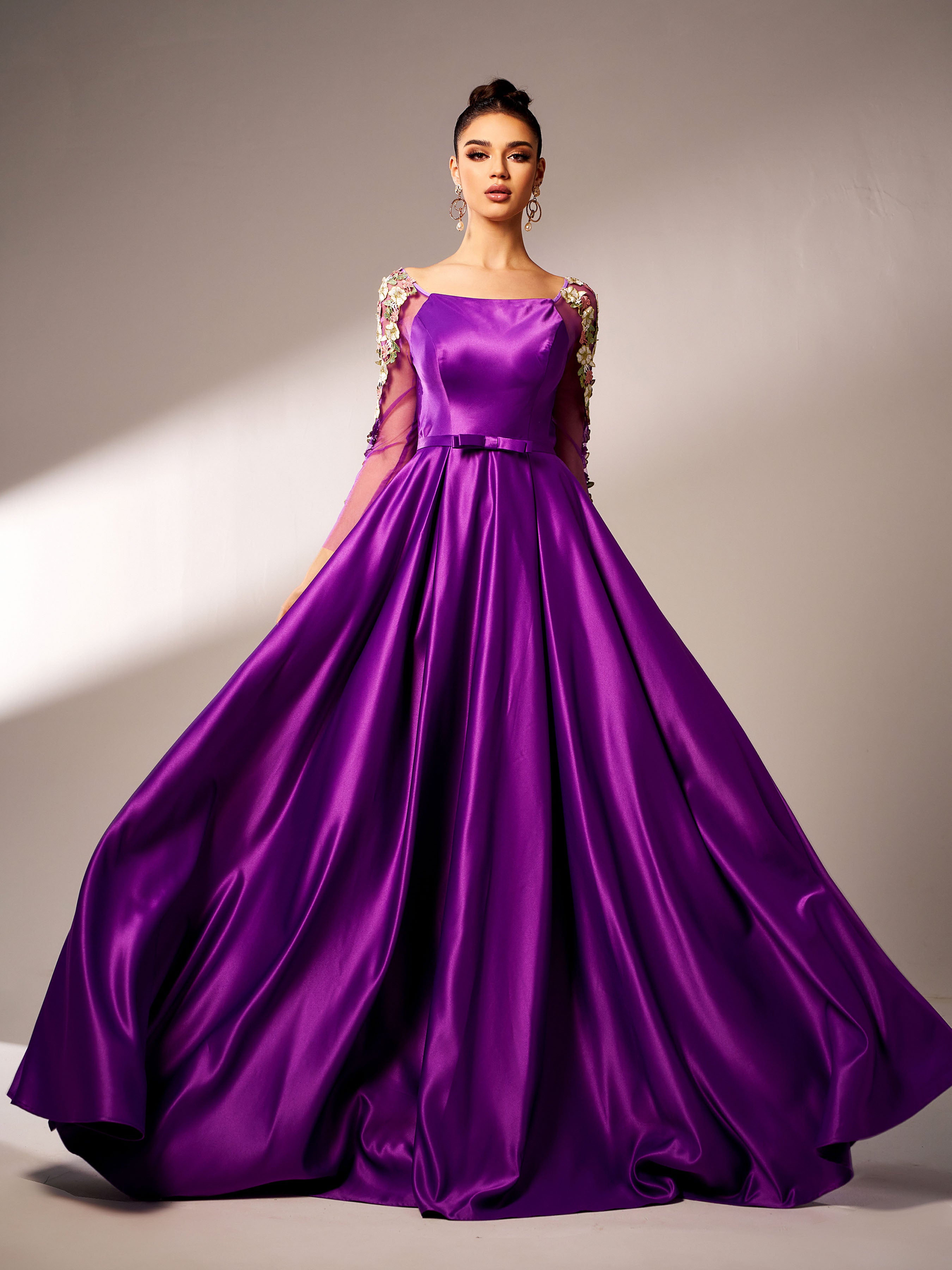 Azina -GM90144 Long Sleeve Square Satin A-line Gown