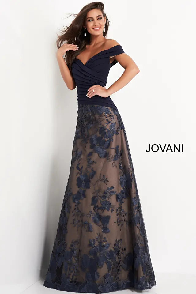 Jovani -02852 Off Shoulder Pleated Bodice Embroidered Gown