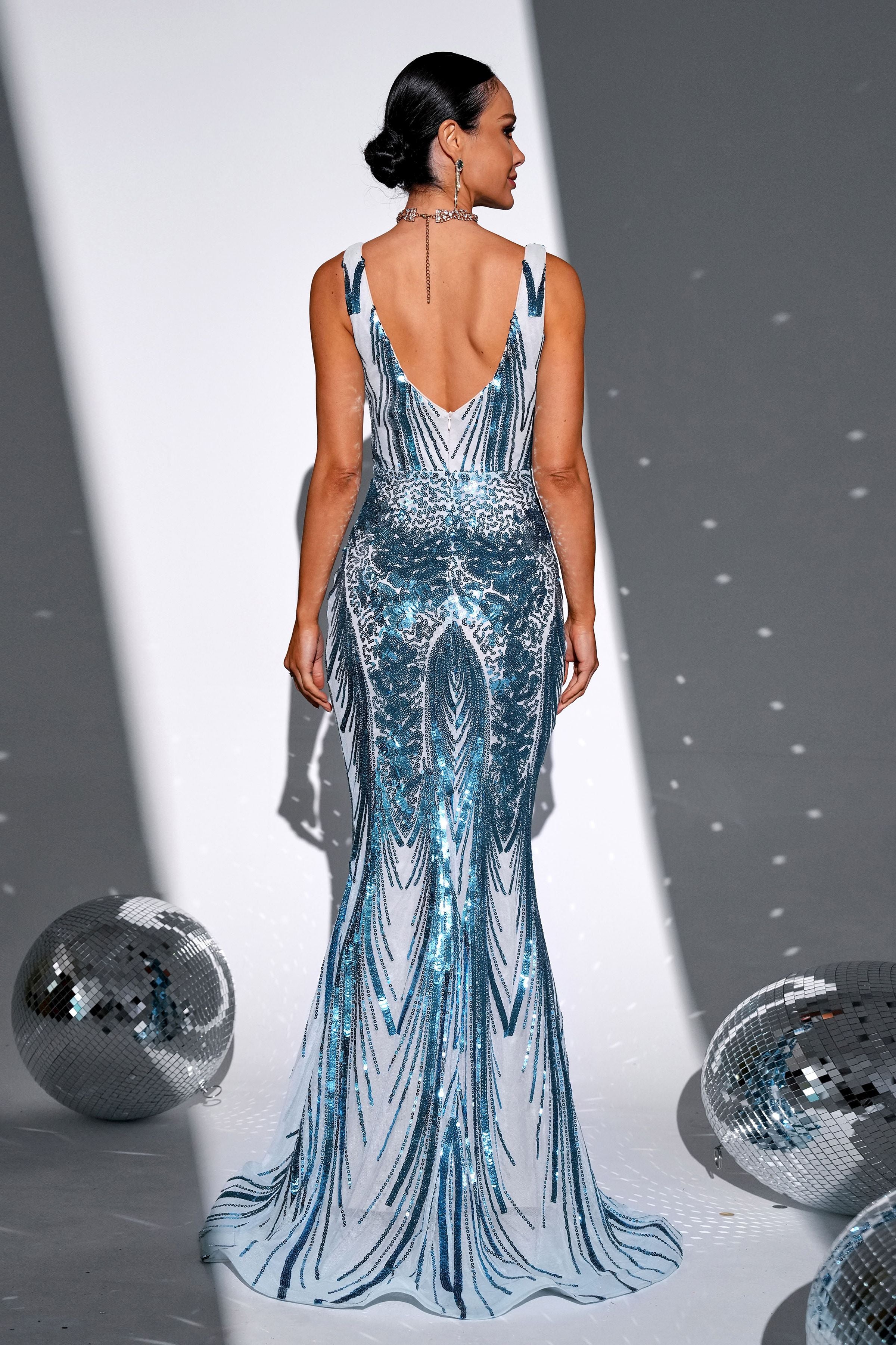 Azina -RM21551 V-neck Floral Sequin Mermaid Dress