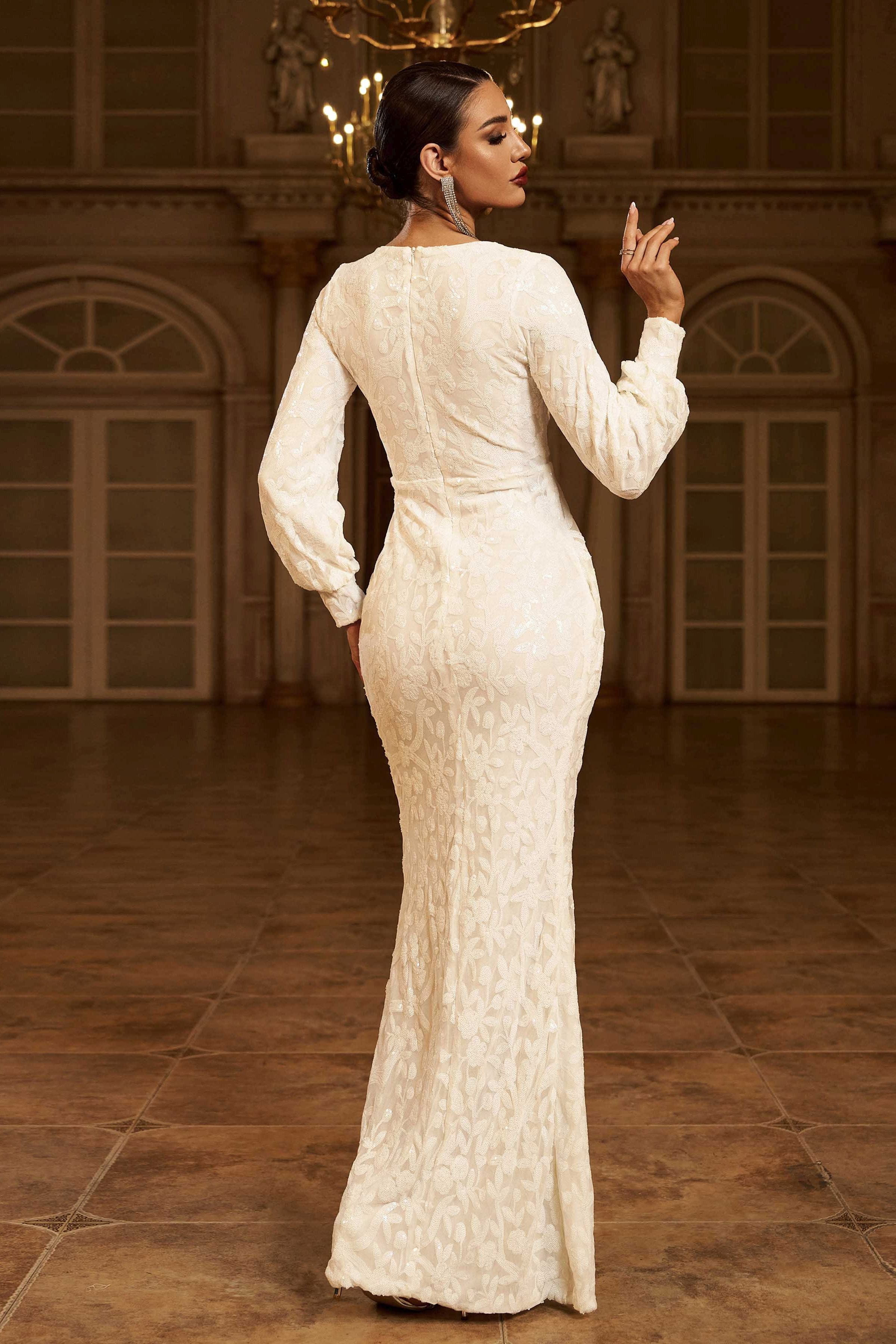 Azina -M01207 Plunging Neck Wrap Hem Sequin Evening Dress