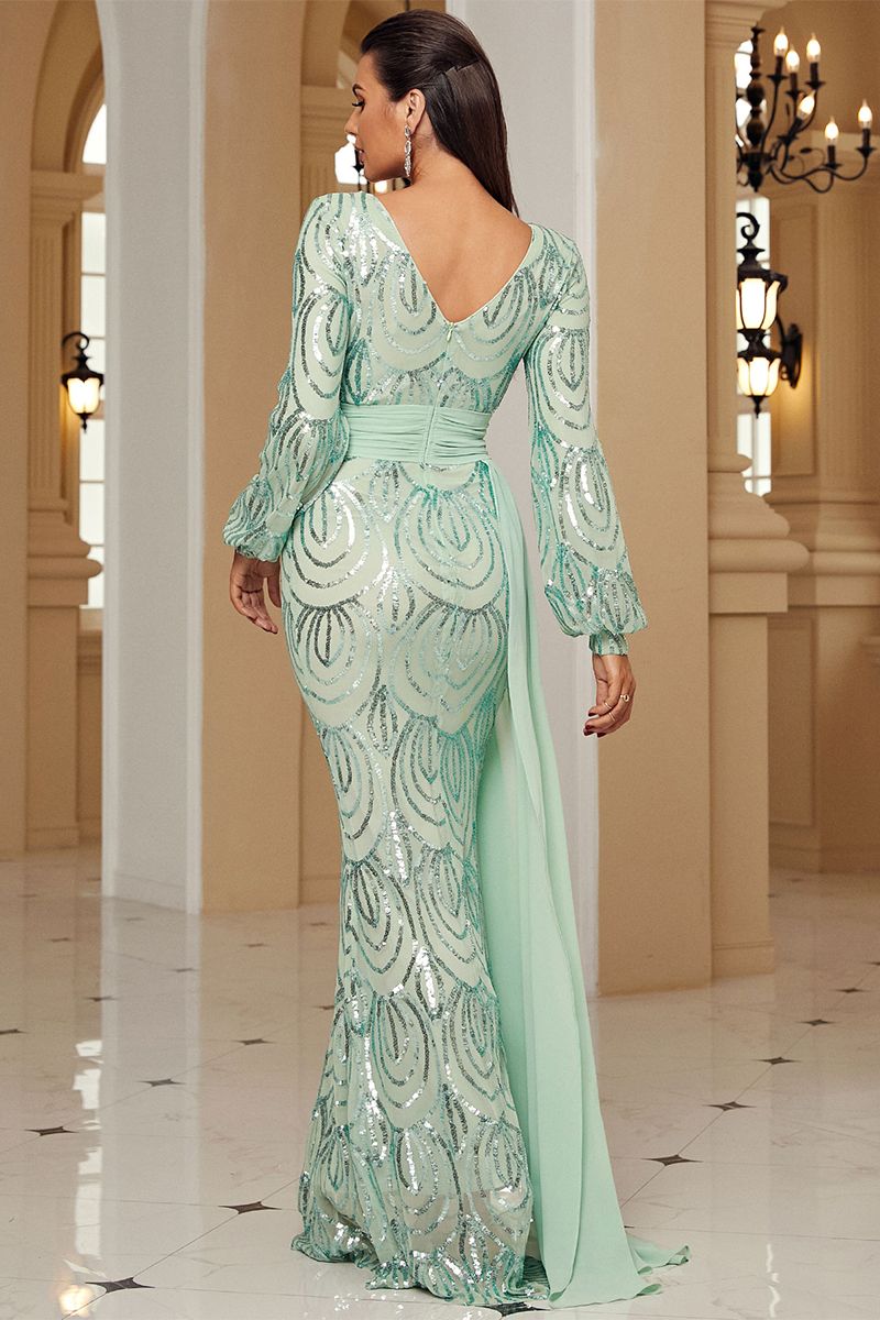 Azina -XJ1524 Long Sleeve V Neck Sequin Prom Dress
