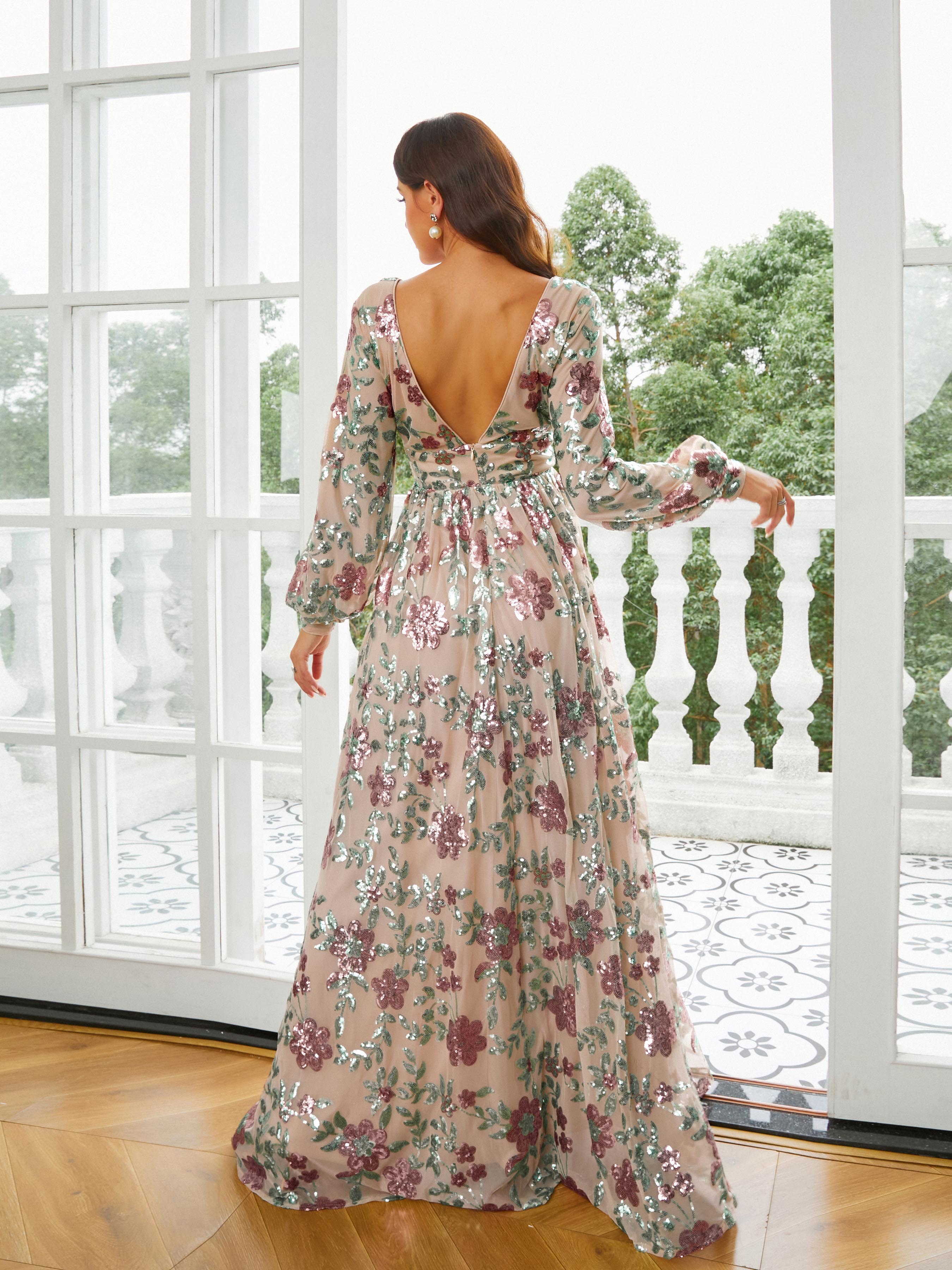 Azina -RJ10789 Sequin Long Sleeve A-line Gown