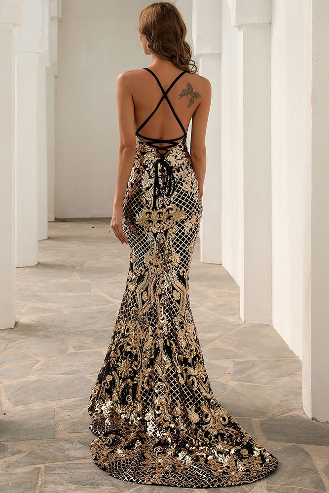 Azina -M01086 Sequin Spaghetti Strap V Neck Evening Dress