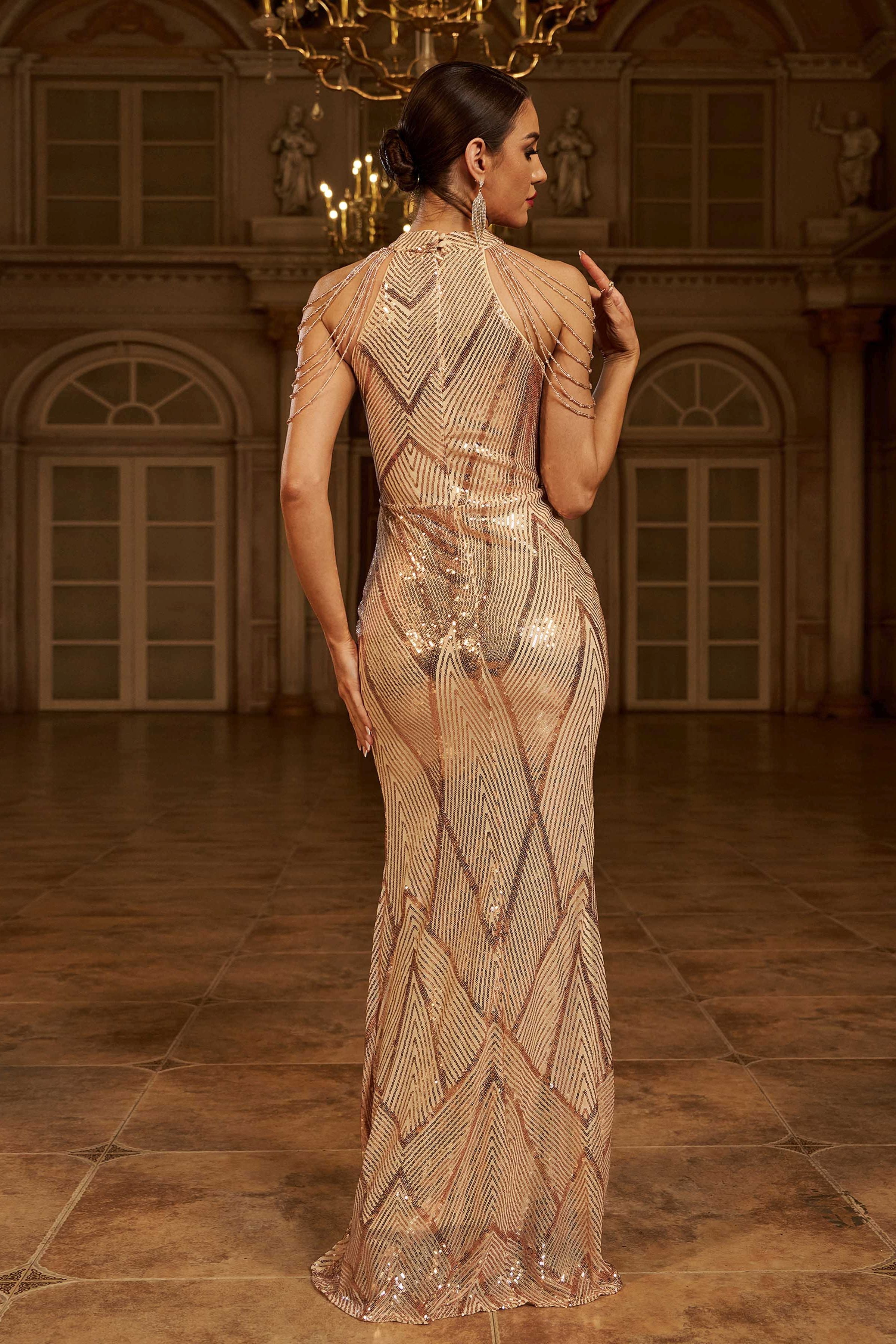 Azina -M01081 Sequin High Neck Evening Dress