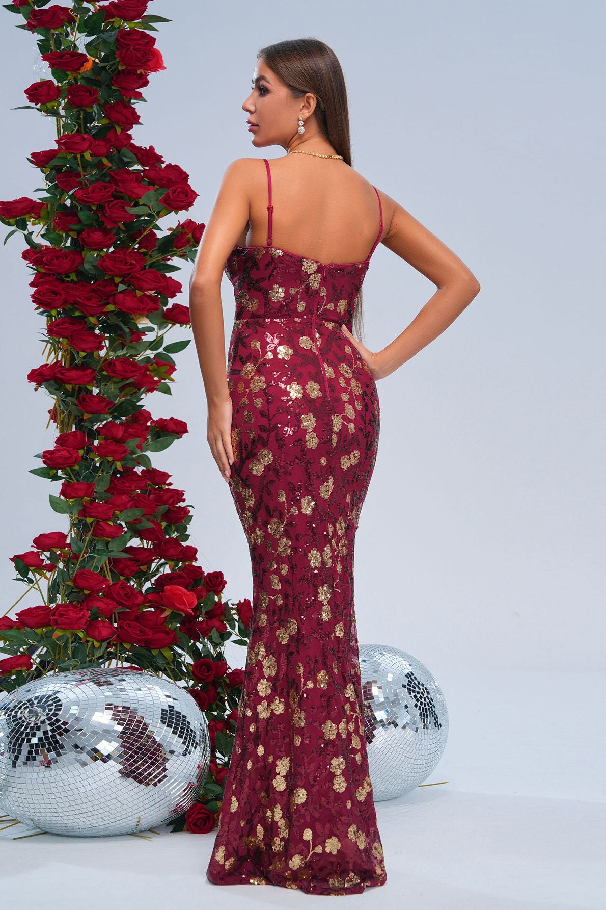 Azina -RJ11458 Floral Sequin V-Neck Gown