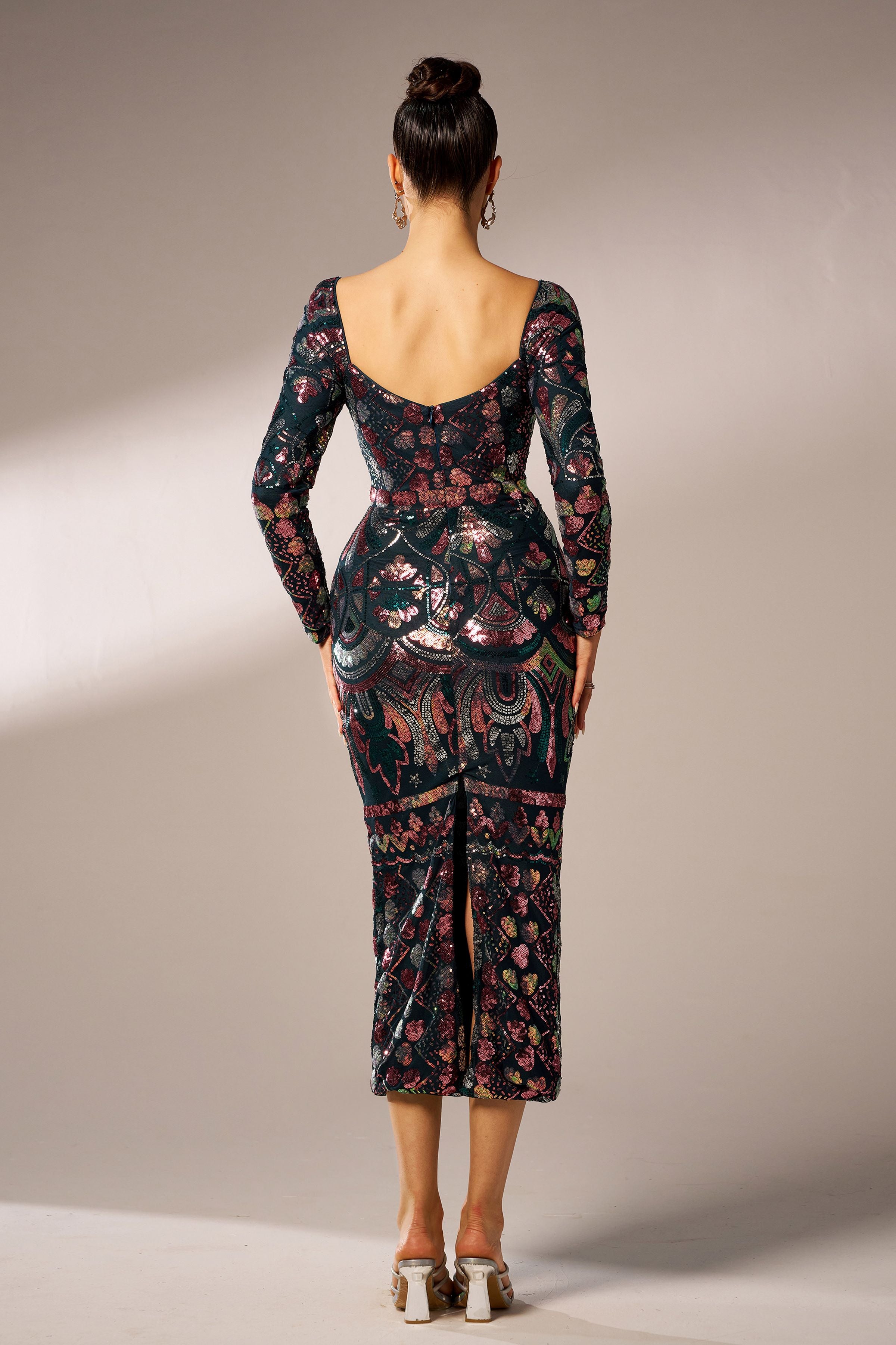 Azina -RM20830 Square Neck Long Sleeve Sequin Dress