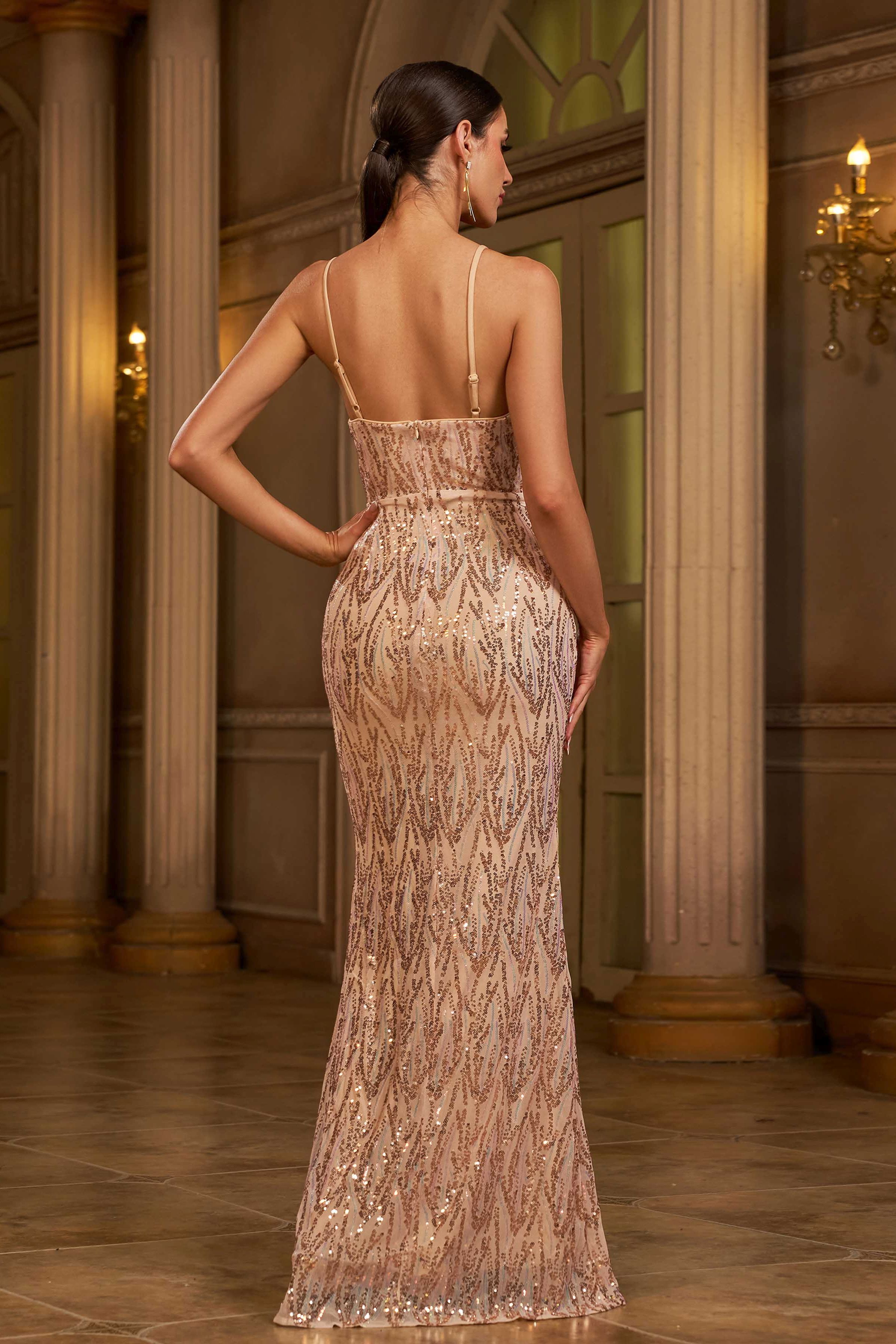 Azina -XH1589 Sequin Deep V-Neck Mermaid Gown