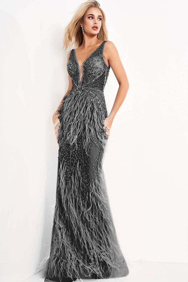 Sheer Embellished Bodice Feather Prom Dress By Jovani -03023