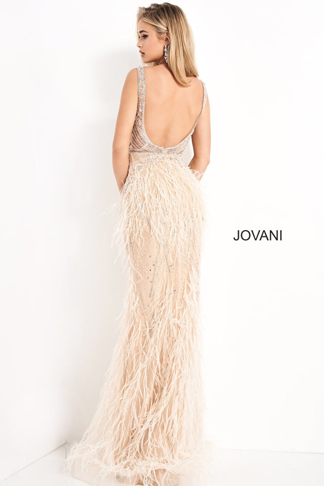 Sheer Embellished Bodice Feather Prom Dress By Jovani -03023