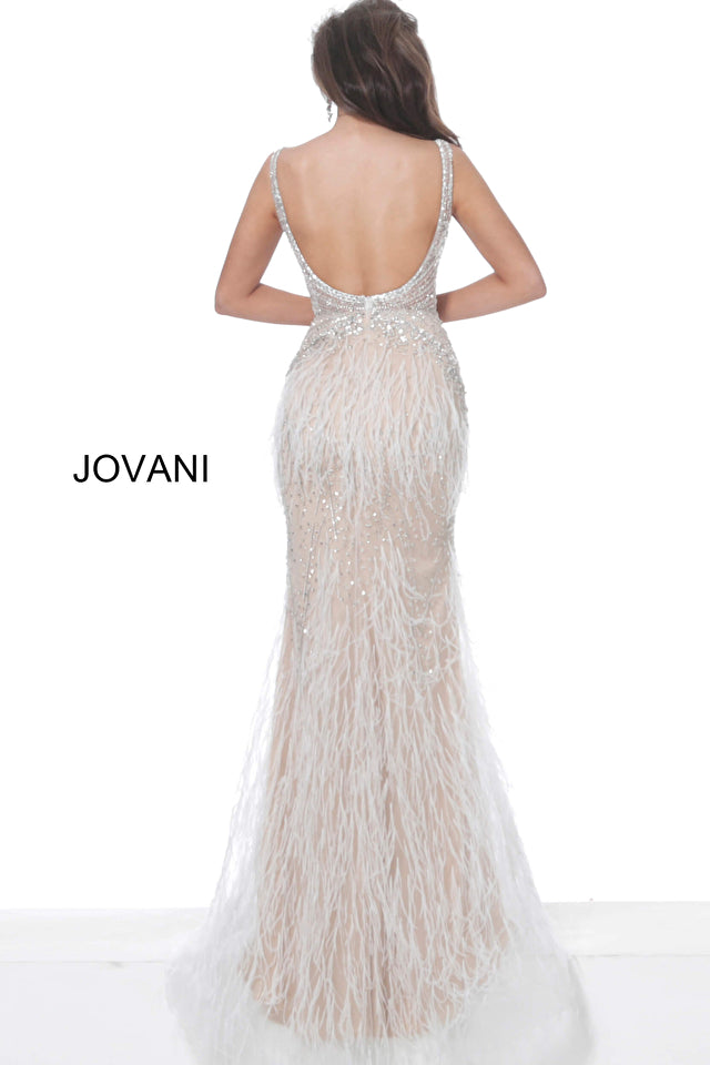 Sheer Embellished Bodice Feather Prom Dress By Jovani -03023