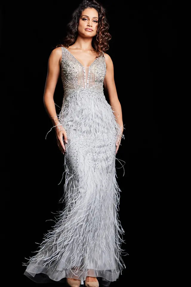 Sheer Embellished Bodice Feather Prom Dress By Jovani -03023