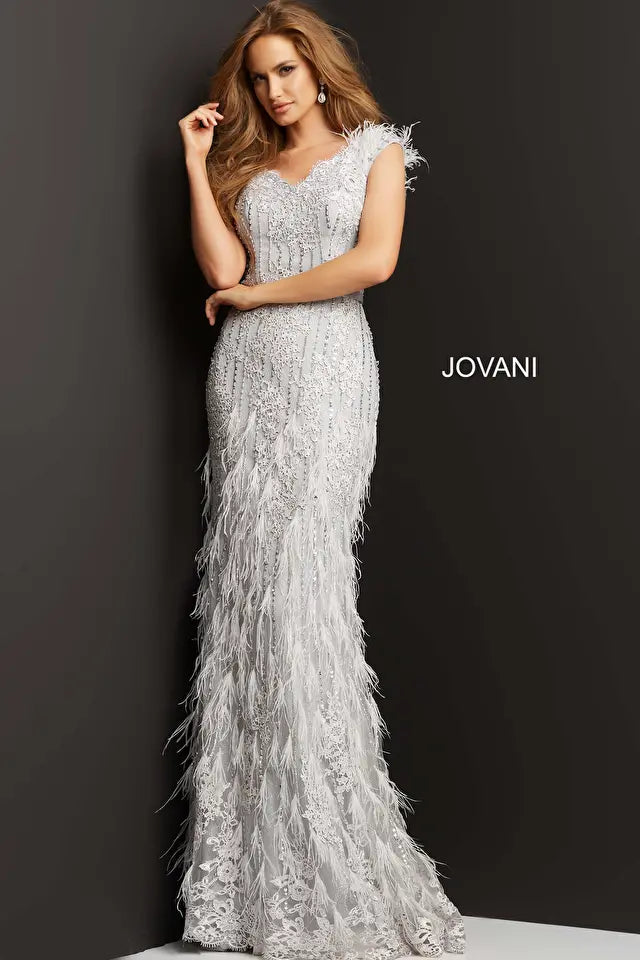 Jovani -03108 V-Neck Feathered Evening Dress