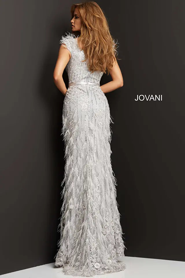 Jovani -03108 V-Neck Feathered Evening Dress