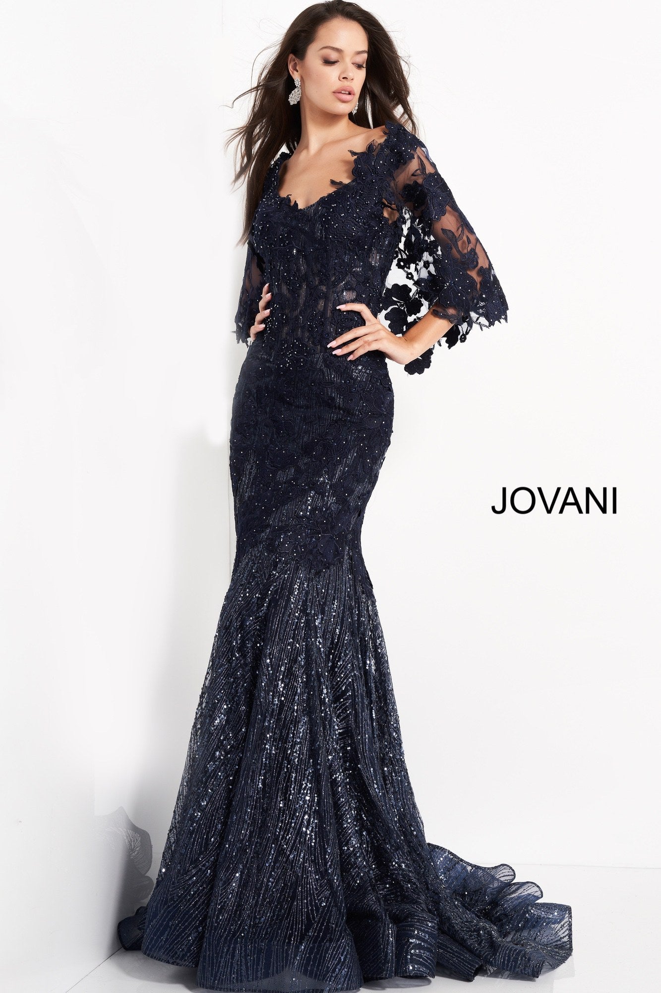 Jovani -03158 Lace Embellished Sequin Sheath Dress