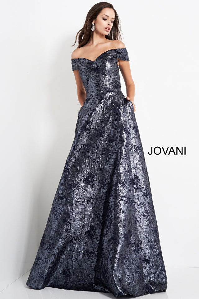 Metallic Off Shoulder A-Line Gown By Jovani -03674