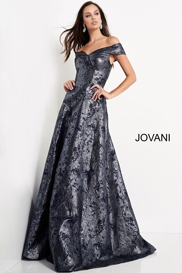 Metallic Off Shoulder A-Line Gown By Jovani -03674