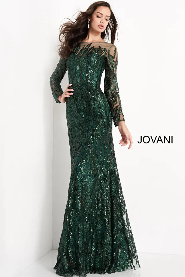 Jovani -03936 Sequined Long Sleeve Sheath Dress