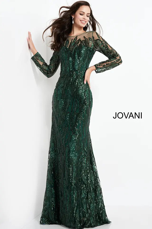 Jovani -03936 Sequined Long Sleeve Sheath Dress