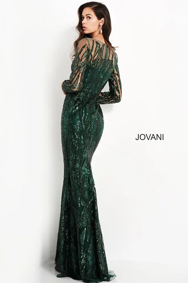 Jovani -03936 Sequined Long Sleeve Sheath Dress