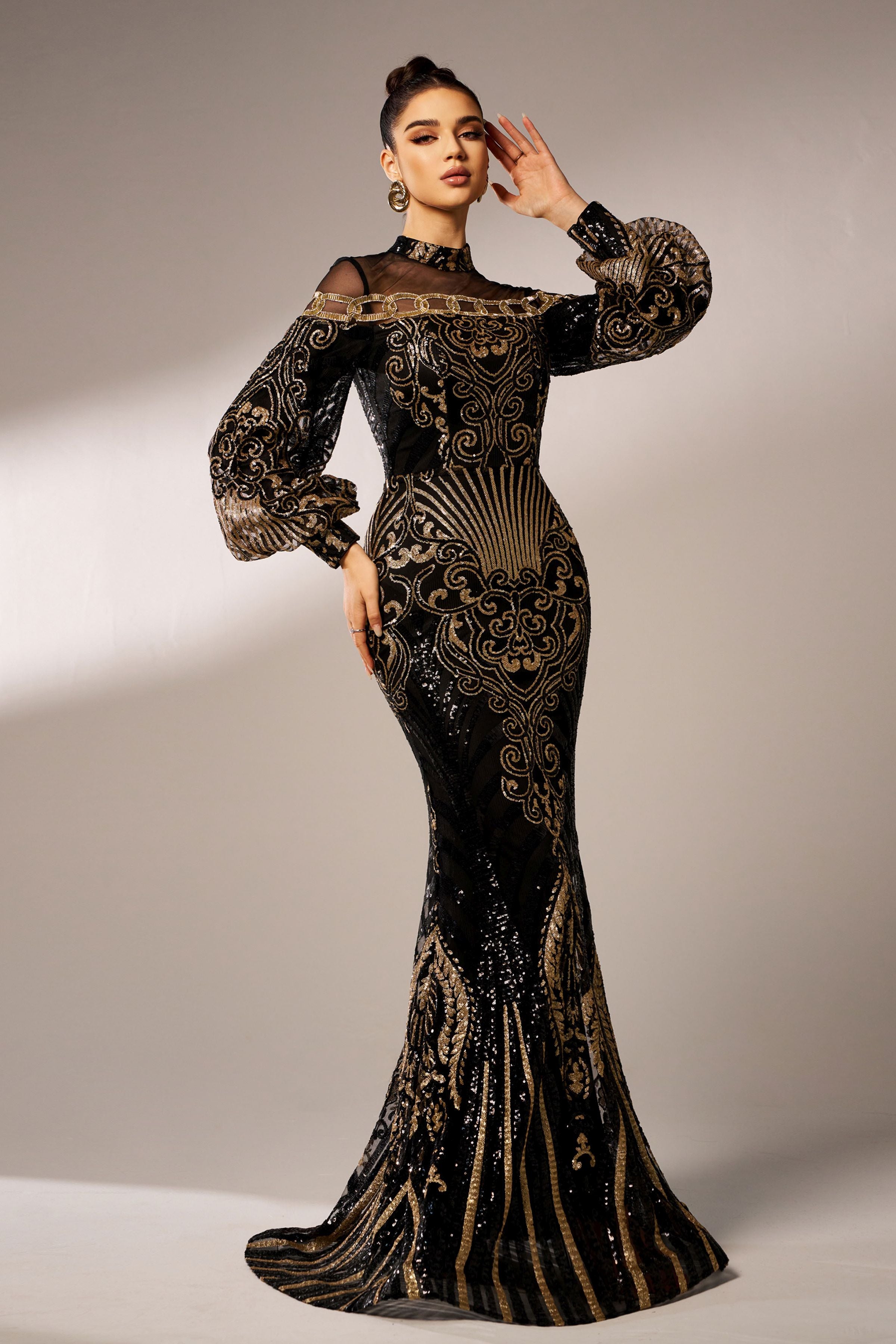 Azina -DH80229 Embroidered Long Sleeve Evening Dress