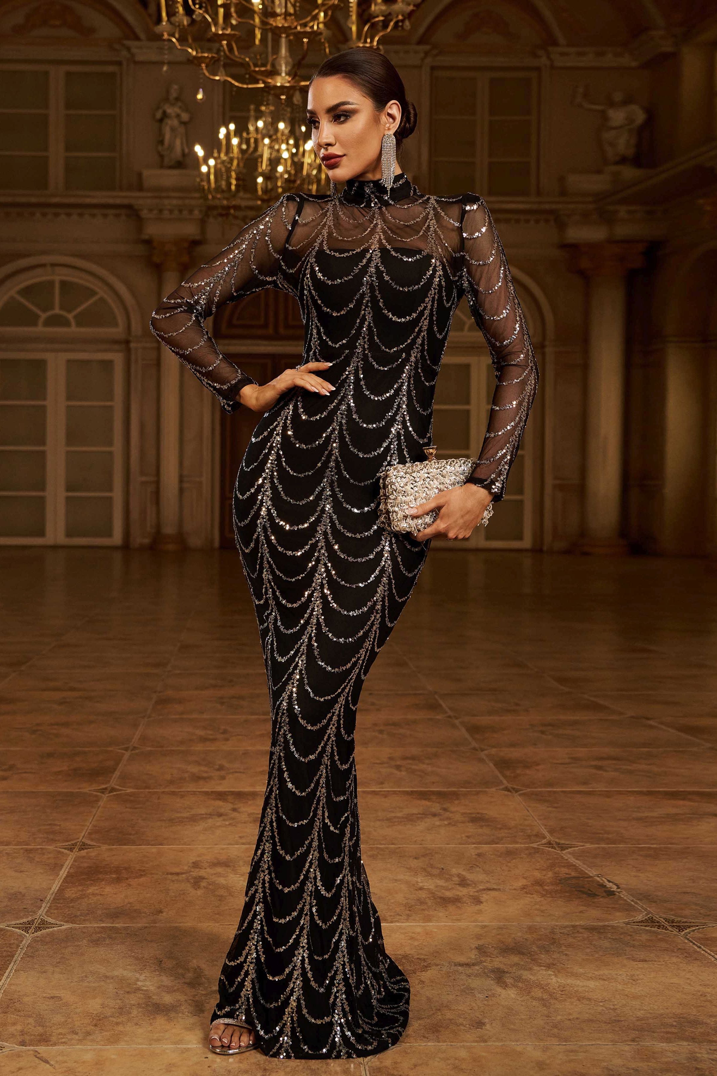 Azina -M0032 Mock-Neck Sequin Mesh Prom Dress