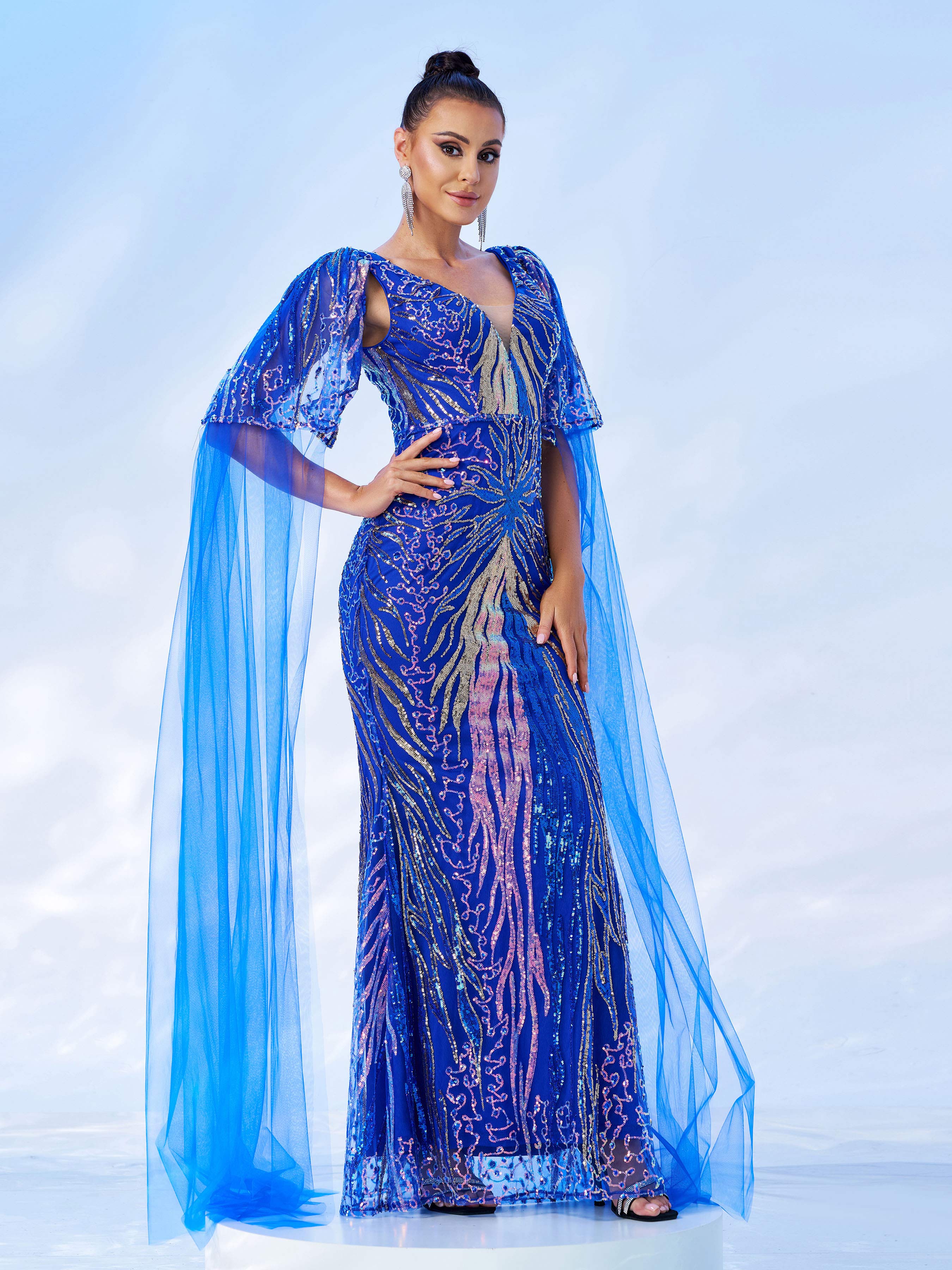 Azina -GM00442 V Neck Sequin Mermaid Evening Gown