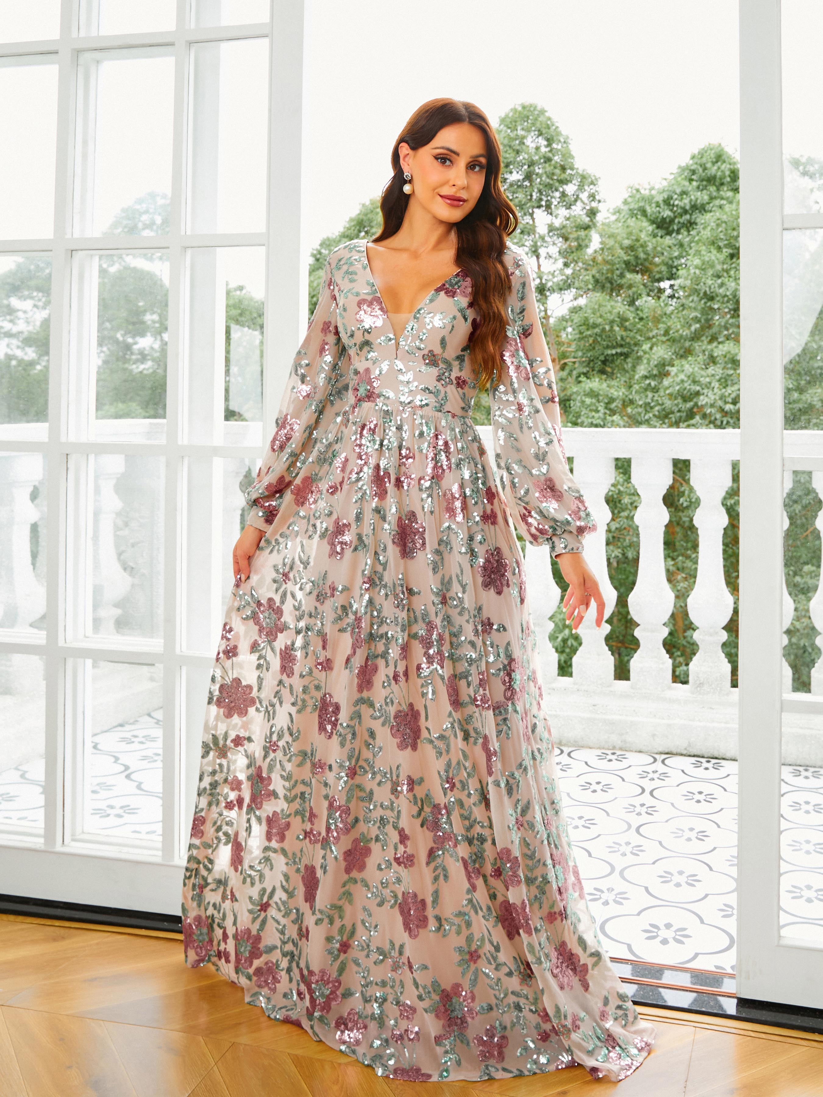 Azina -RJ10789 Sequin Long Sleeve A-line Gown