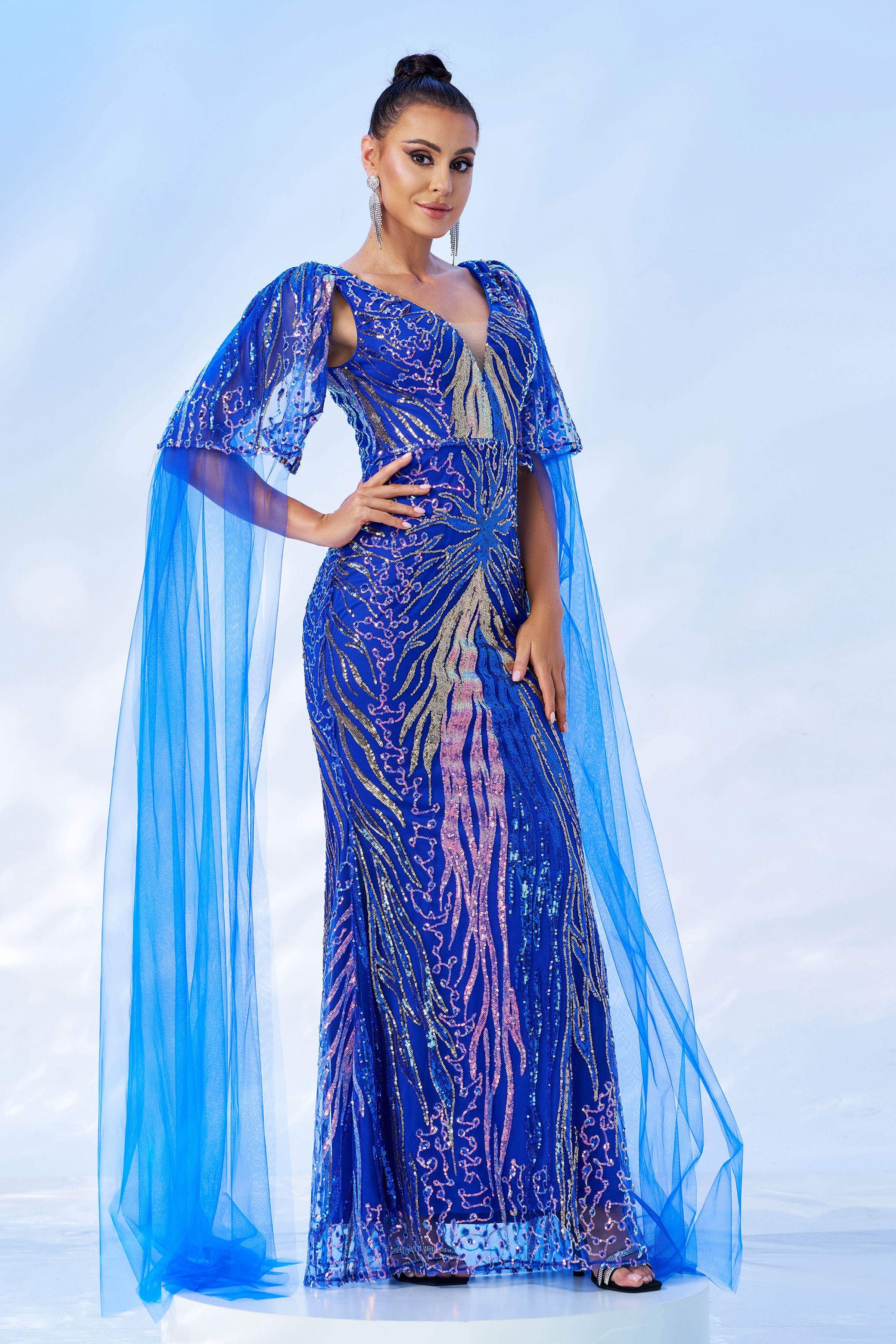Azina -GM00442 V Neck Sequin Mermaid Evening Gown