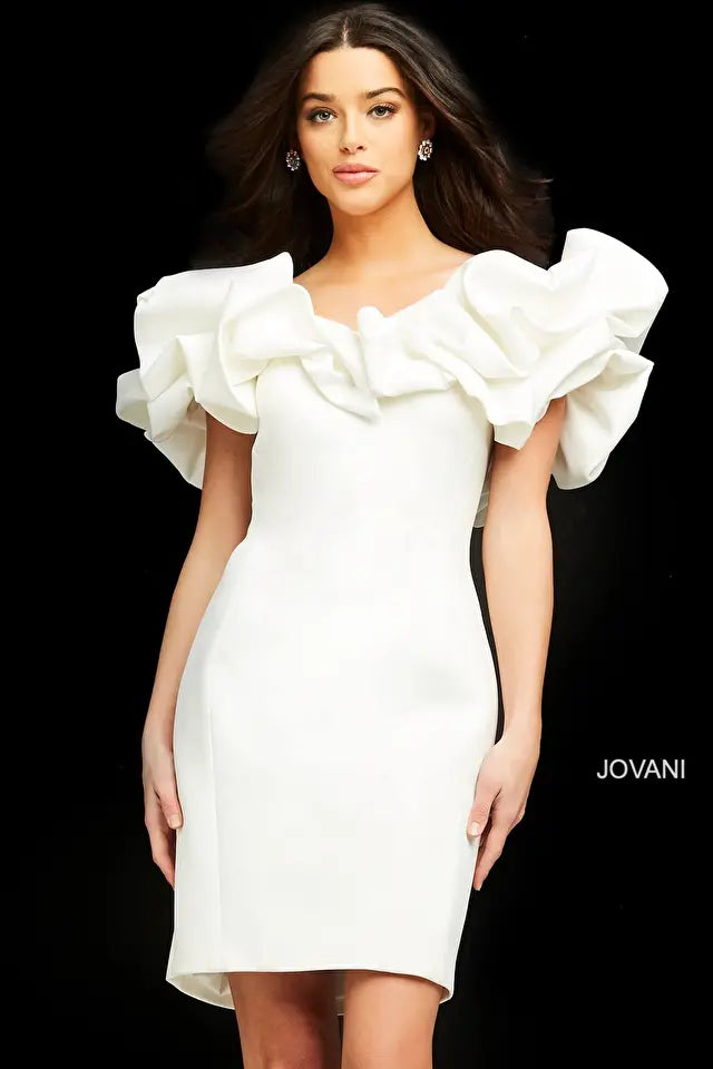 Jovani -04367 Off the Shoulder Ruffle Neckline Cocktail Dress