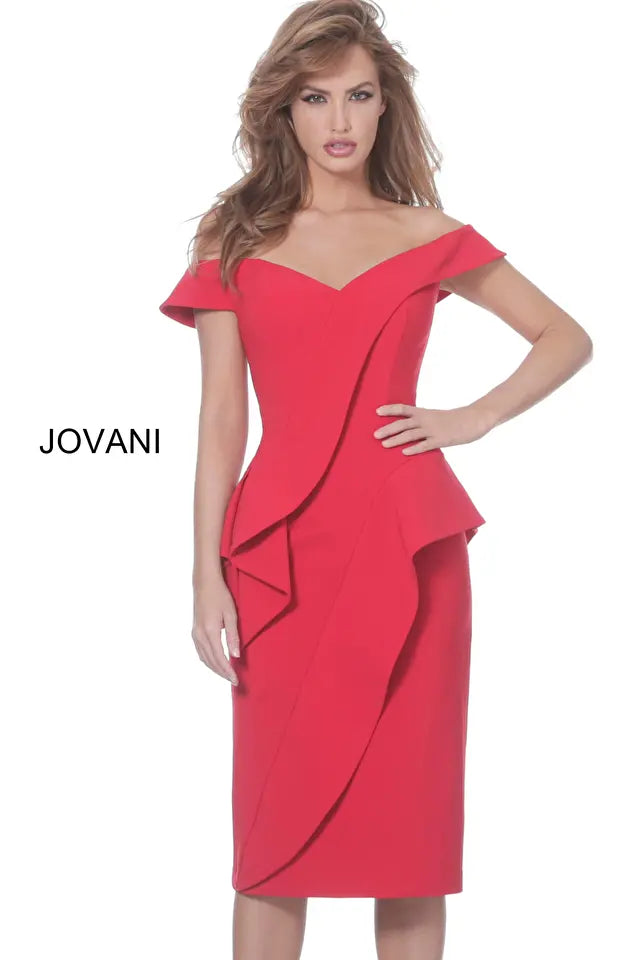 Jovani -04426 Off the Shoulder Knee Length Dress