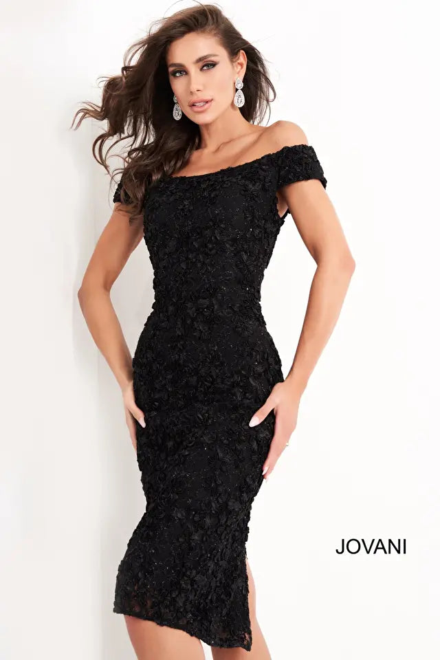 Jovani -04763 Off-Shoulder Lace Sheath Knee-Length Dress