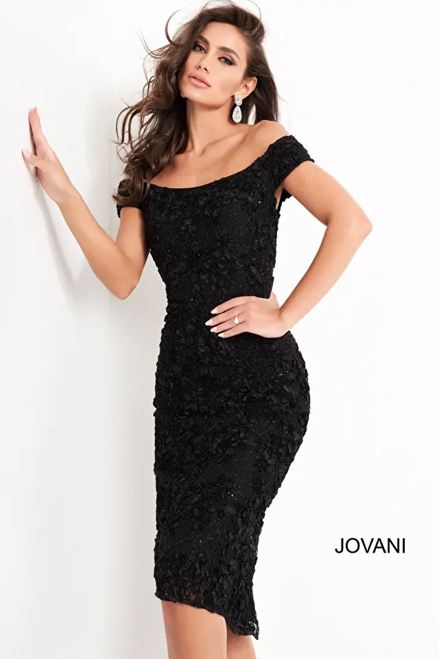 Jovani -04763 Off-Shoulder Lace Sheath Knee-Length Dress
