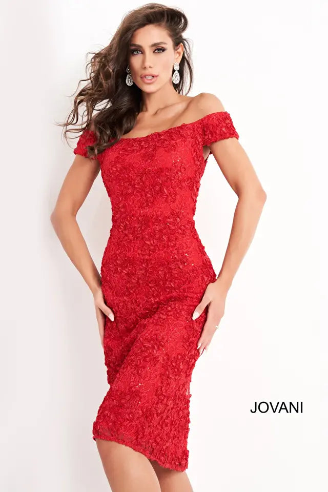 Jovani -04763 Off-Shoulder Lace Sheath Knee-Length Dress