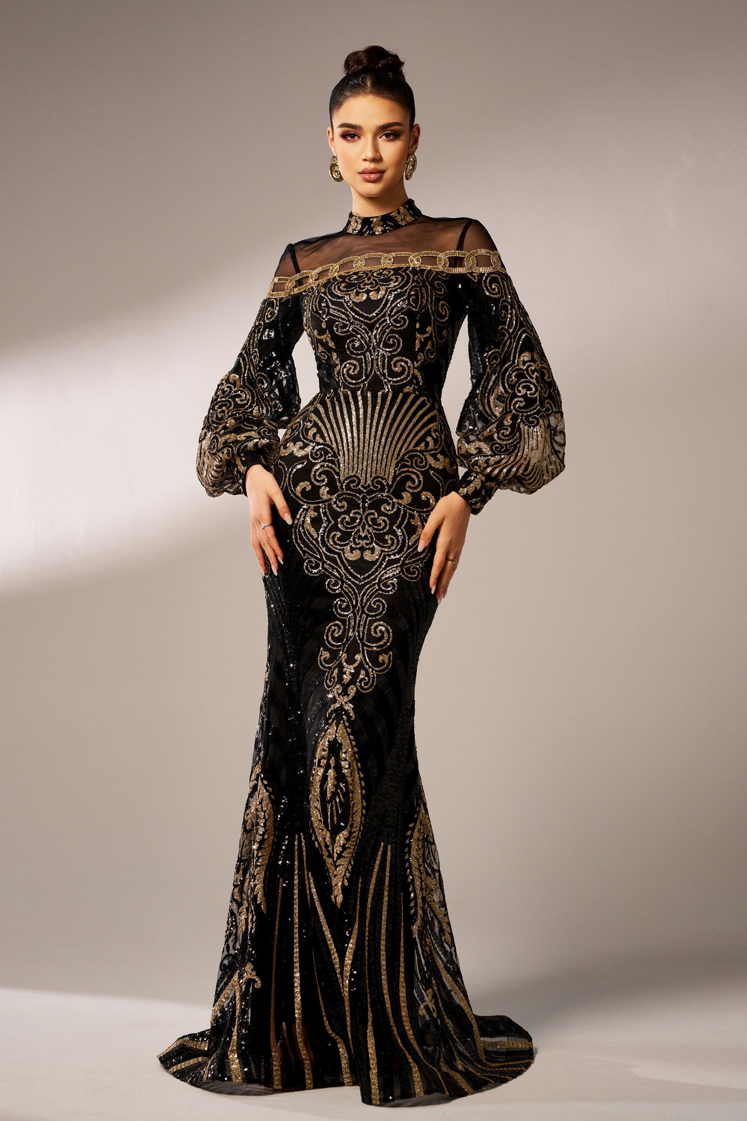 Azina -DH80229 Embroidered Long Sleeve Evening Dress