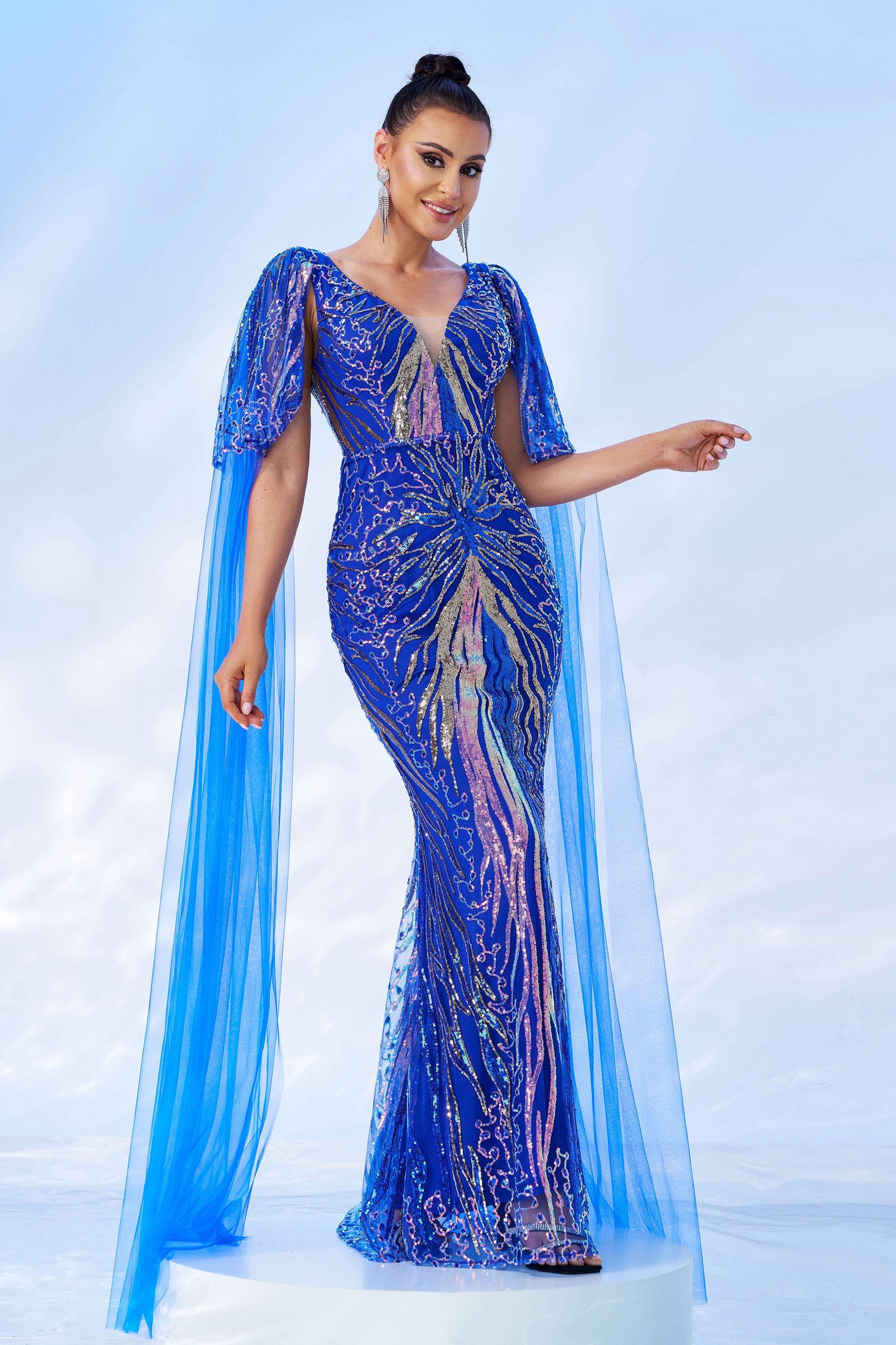 Azina -GM00442 V Neck Sequin Mermaid Evening Gown