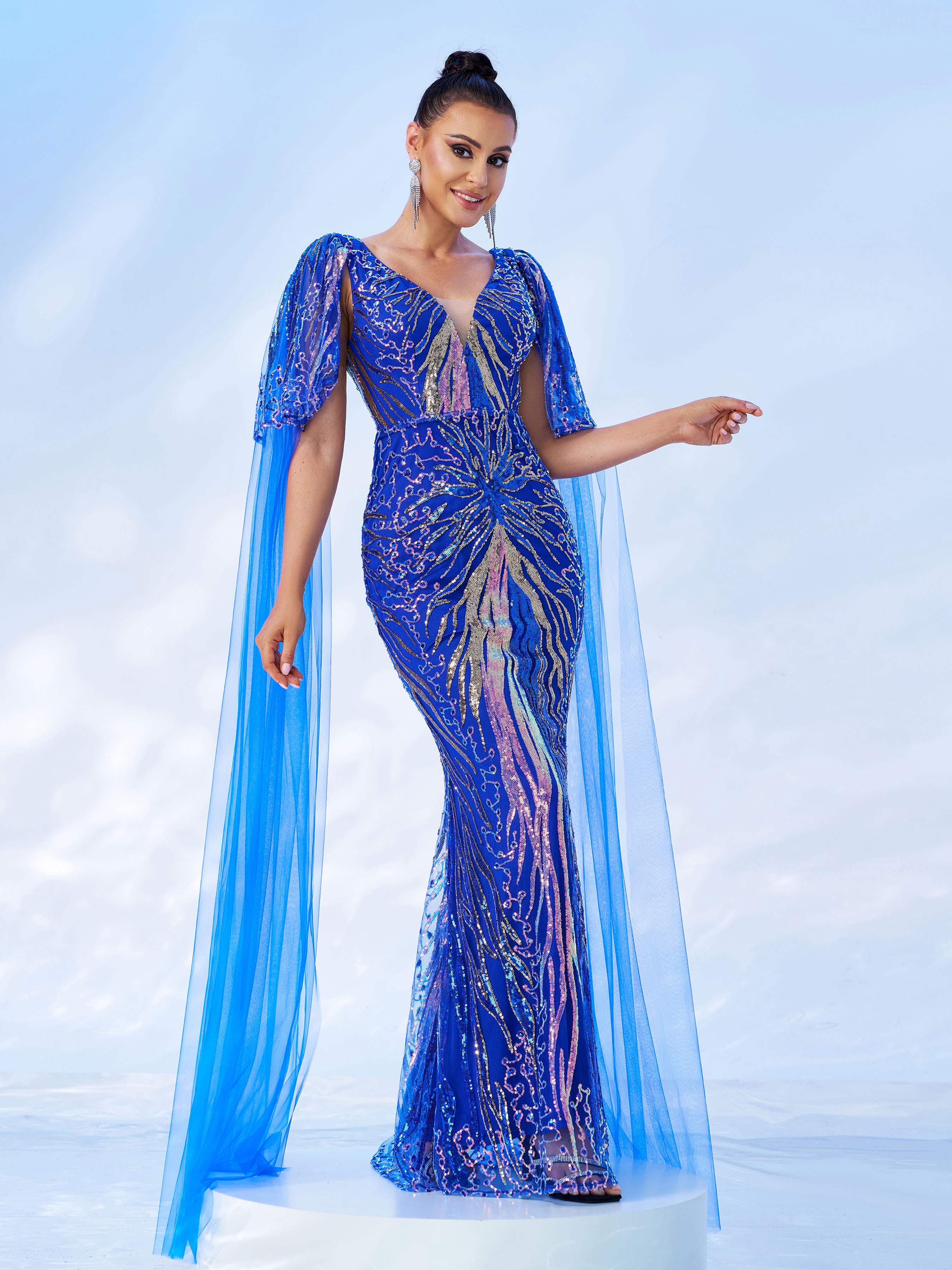 Azina -GM00442 V Neck Sequin Mermaid Evening Gown