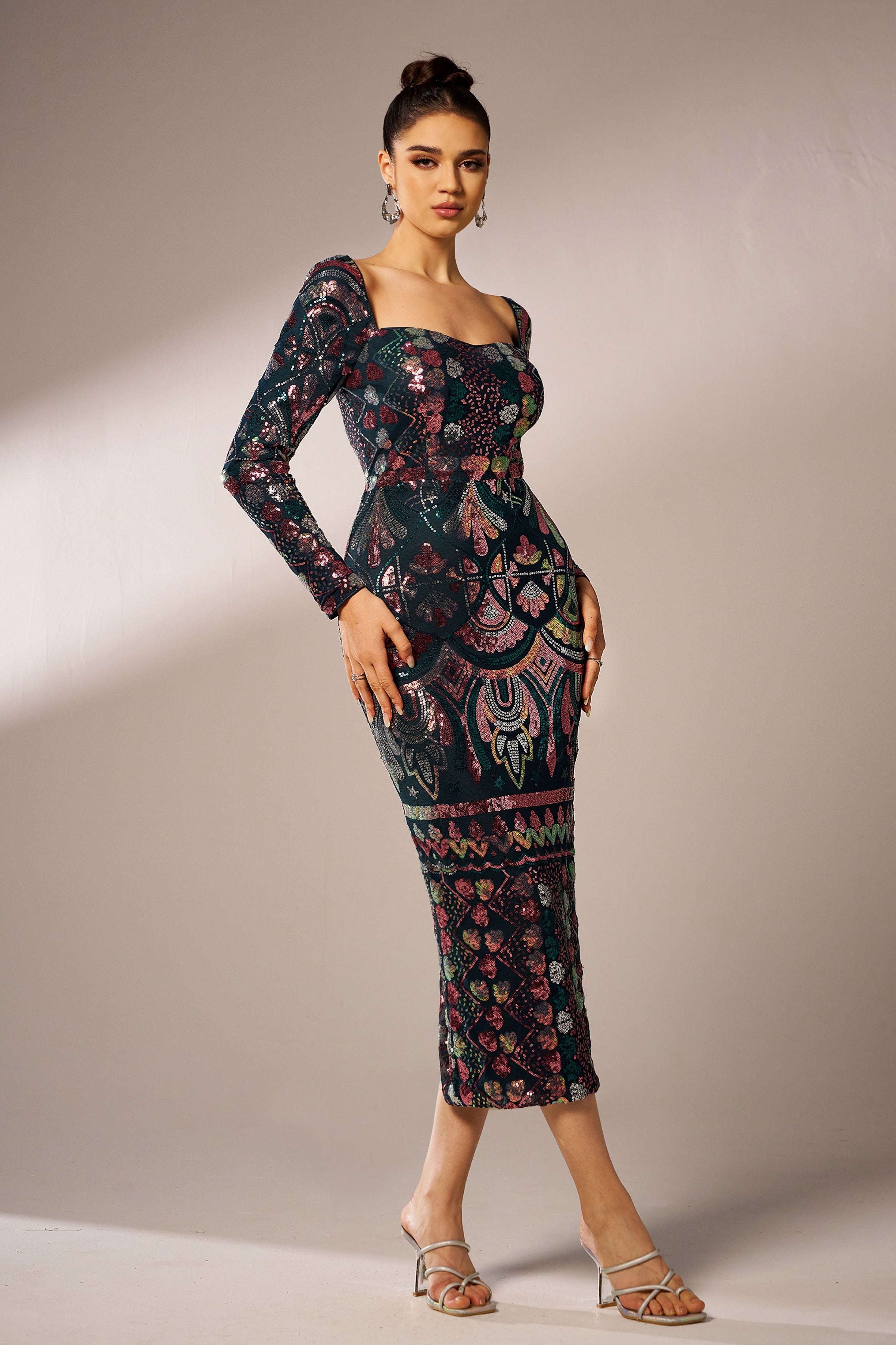 Azina -RM20830 Square Neck Long Sleeve Sequin Dress